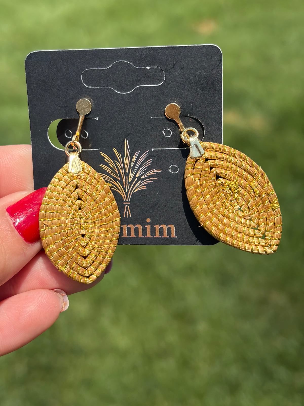 Golden Grass Woven Leaf Clip-On Earrings