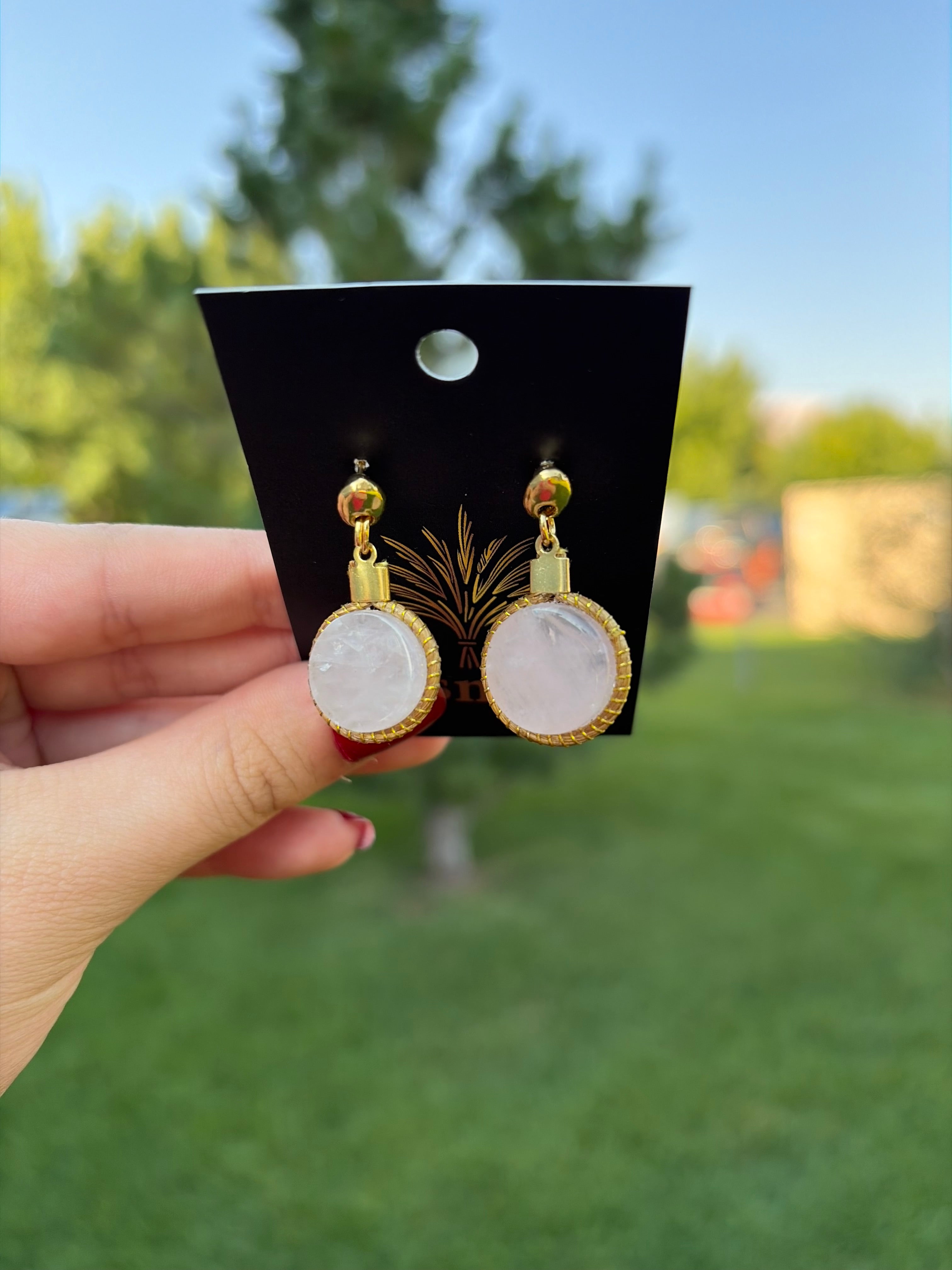 Gold Bezel Drop Earrings with Natural Gemstones, Handmade Statement Jewelry
