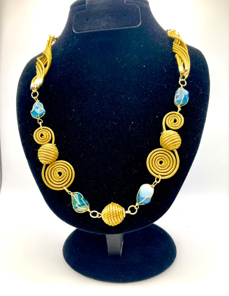 Lapis Lazuli & Golden Grass Statement Necklace – Handmade Brazilian Jewelry  Copy title