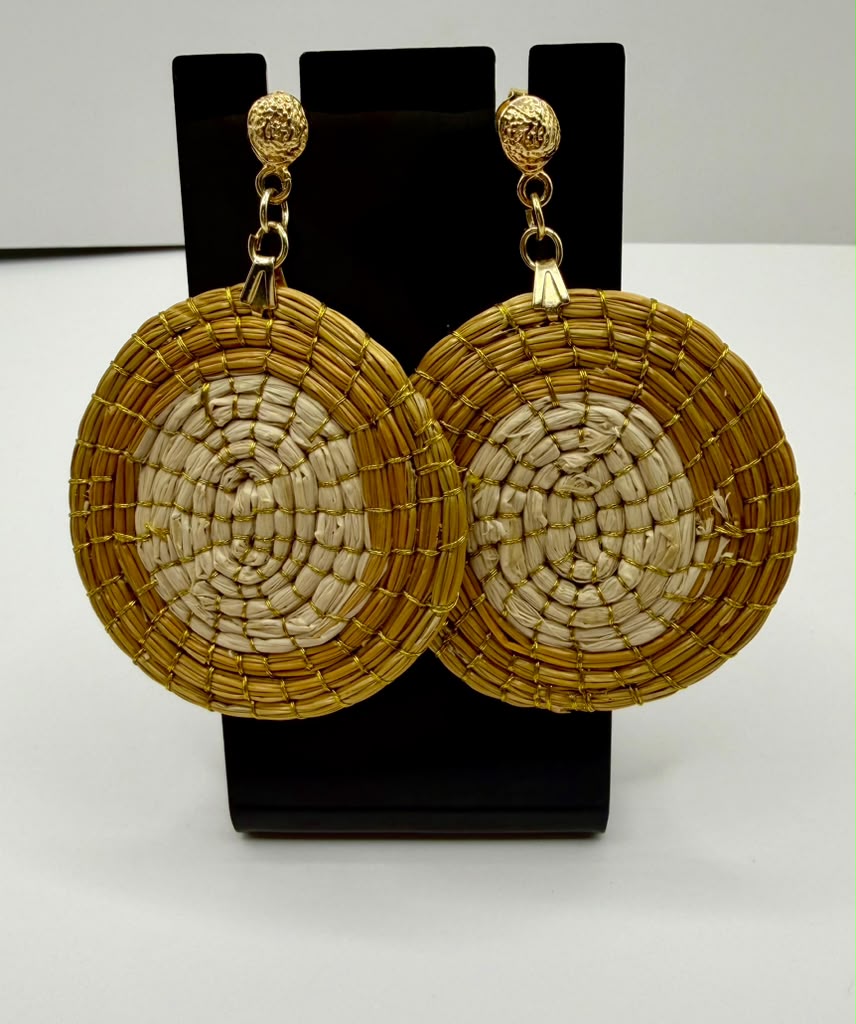 Two-Tone Woven Disc Earrings – Brazilian Golden Grass Statement Jewelry
