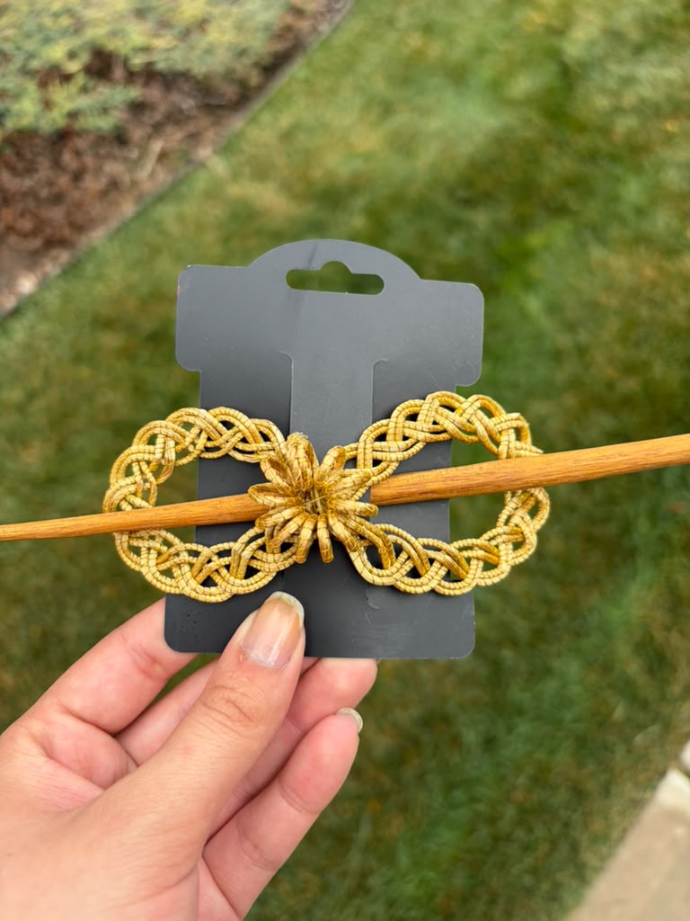 Braided Golden Grass Flower Hair Stick – Handmade Wooden Hair Pin