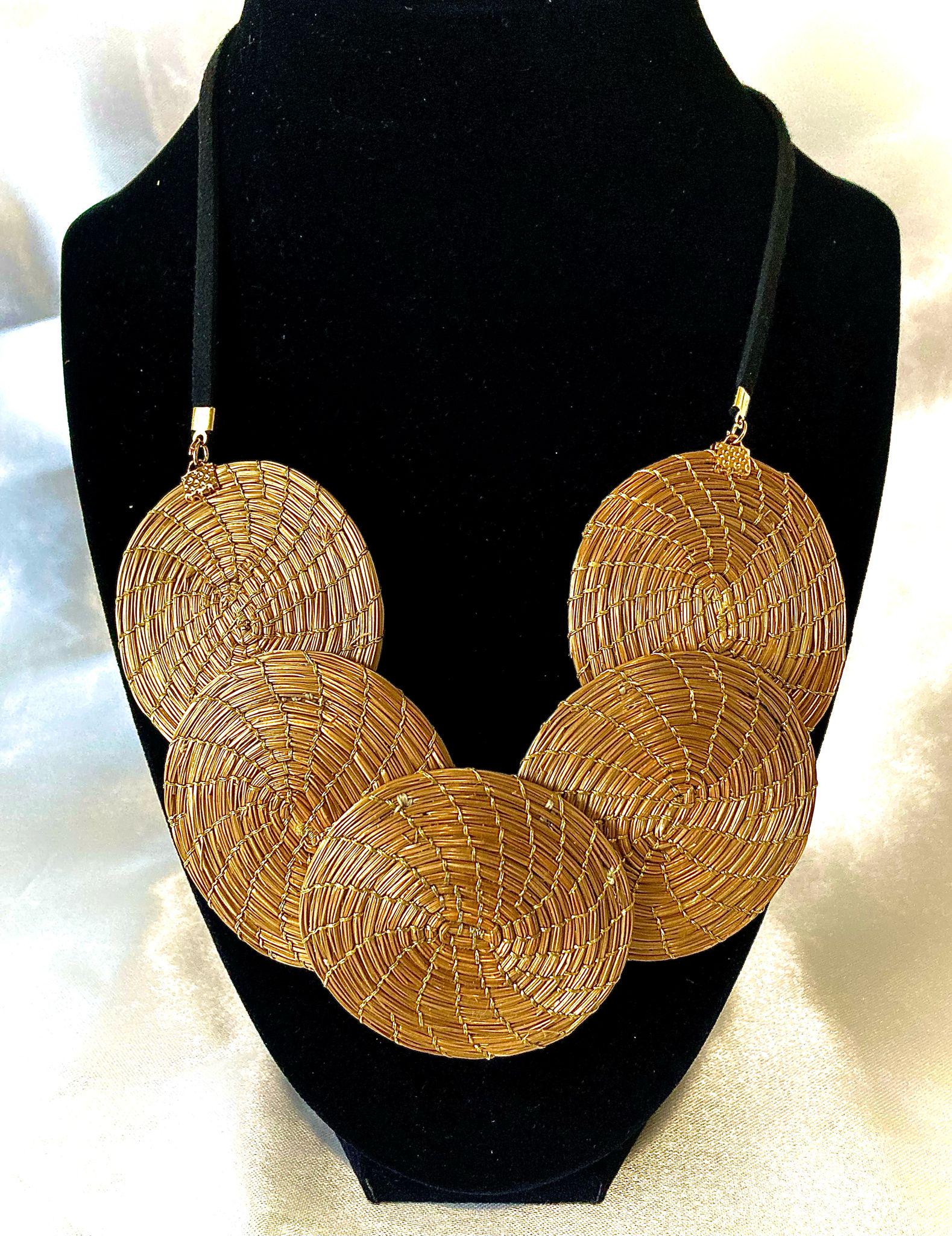 Handcrafted Golden Grass Necklace | Eco-Friendly Statement Jewelry | Lightweight Gold Toned Necklace from Brazil