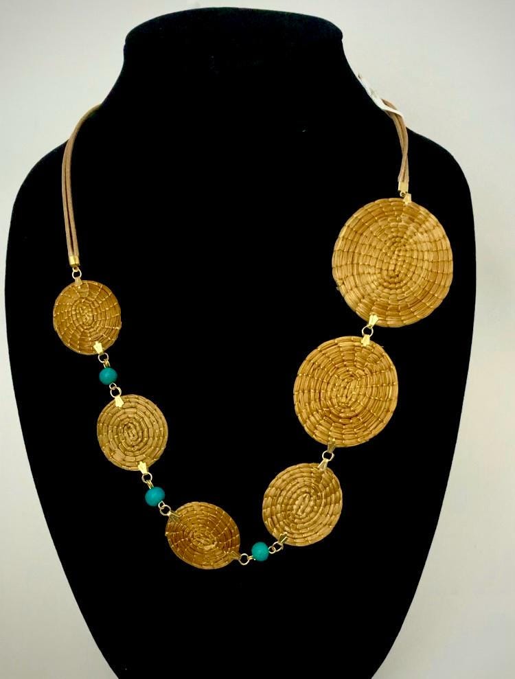Golden Grass & Acai Seed Necklace: Lightweight Woven Boho Jewelry