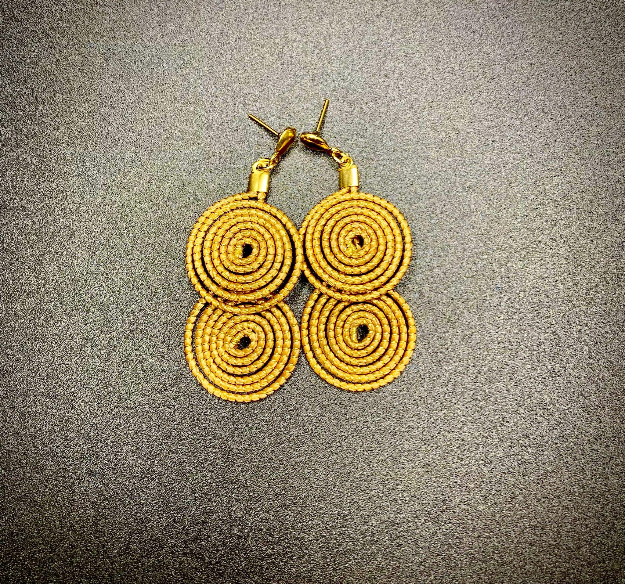 Handmade Golden Grass Double Spiral Earrings | Lightweight Boho Statement Jewelry | Sustainable Brazilian Earrings | Eco-Friendly