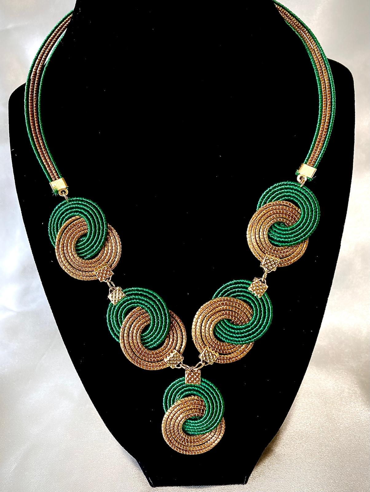 Handmade Golden Grass Infinity Necklace  Green Accent Jewelry