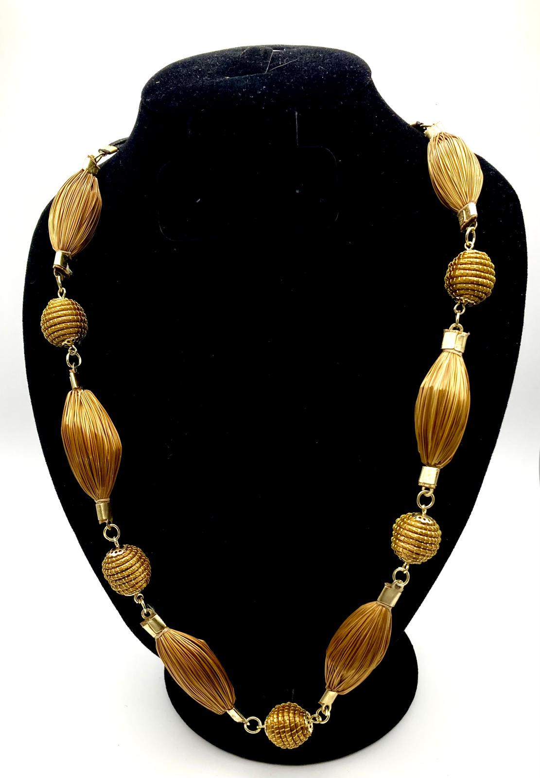 Long Golden Grass Necklace  Handmade Sustainable Brazilian Jewelry, Slip-On Statement Necklace