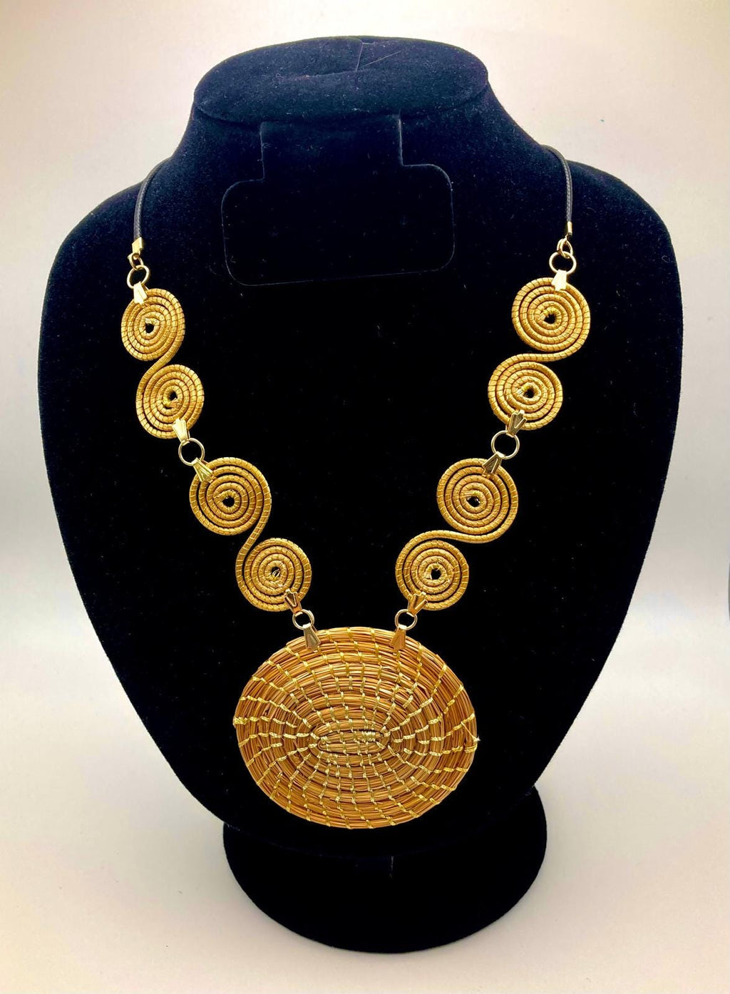 Golden Grass Spiral Pendant Necklace  Handmade Brazilian Jewelry with Clasp, Sustainable Statement Necklace