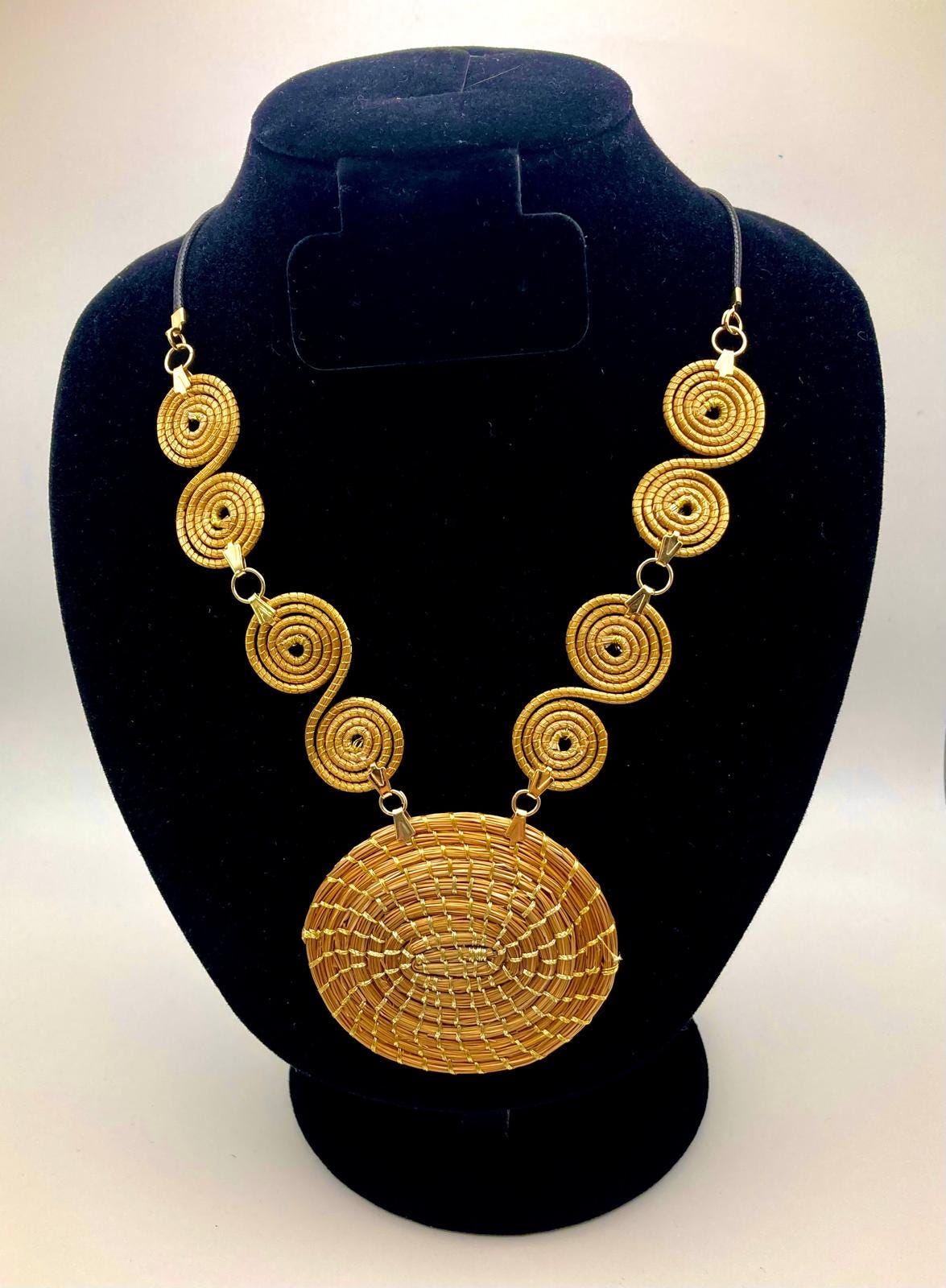 Golden Grass Spiral Pendant Necklace  Handmade Brazilian Jewelry with Clasp, Sustainable Statement Necklace