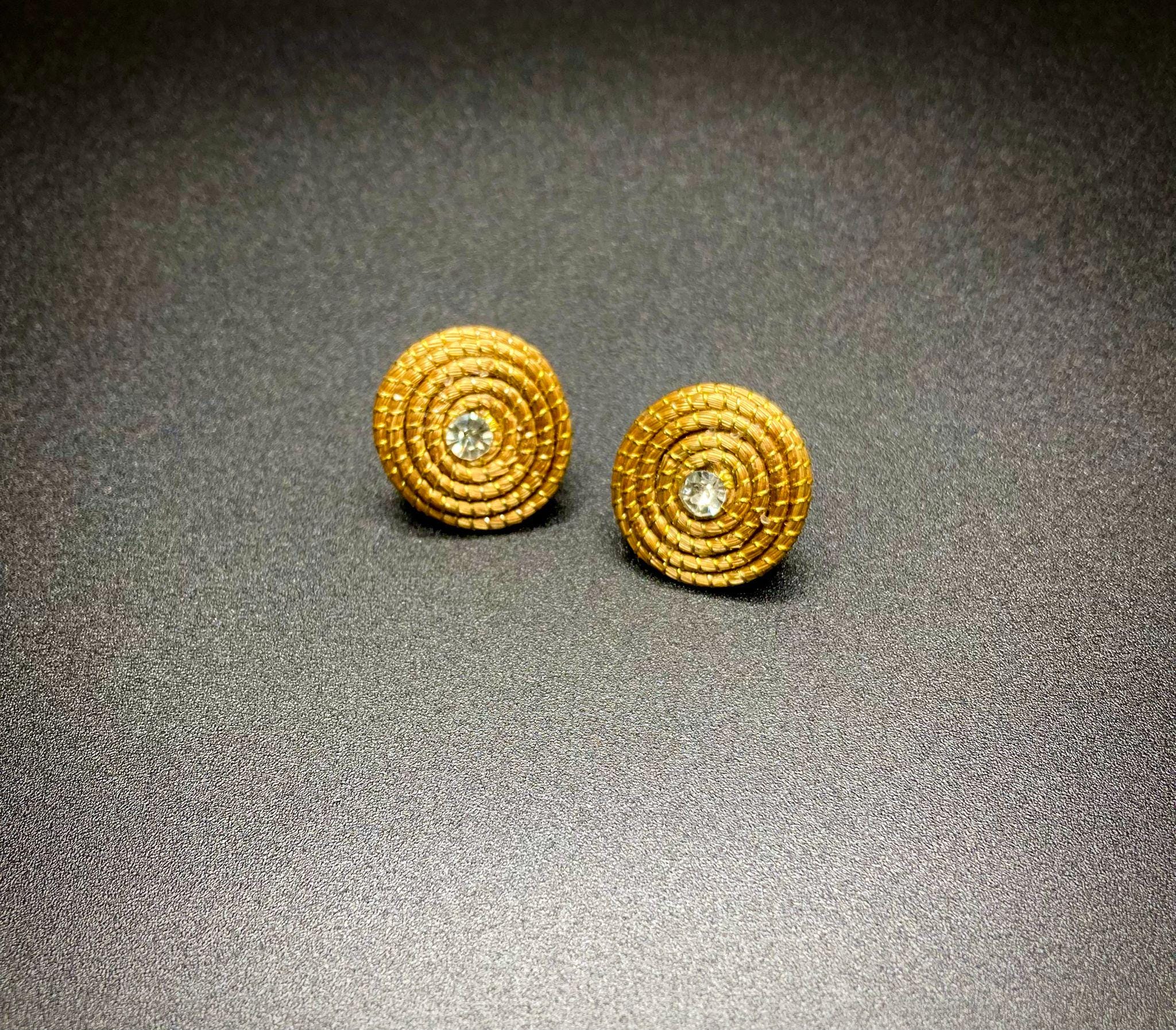 Golden Grass Stud Earrings with Crystal | Handmade Brazilian Jewelry | Lightweight Eco-Friendly Gift
