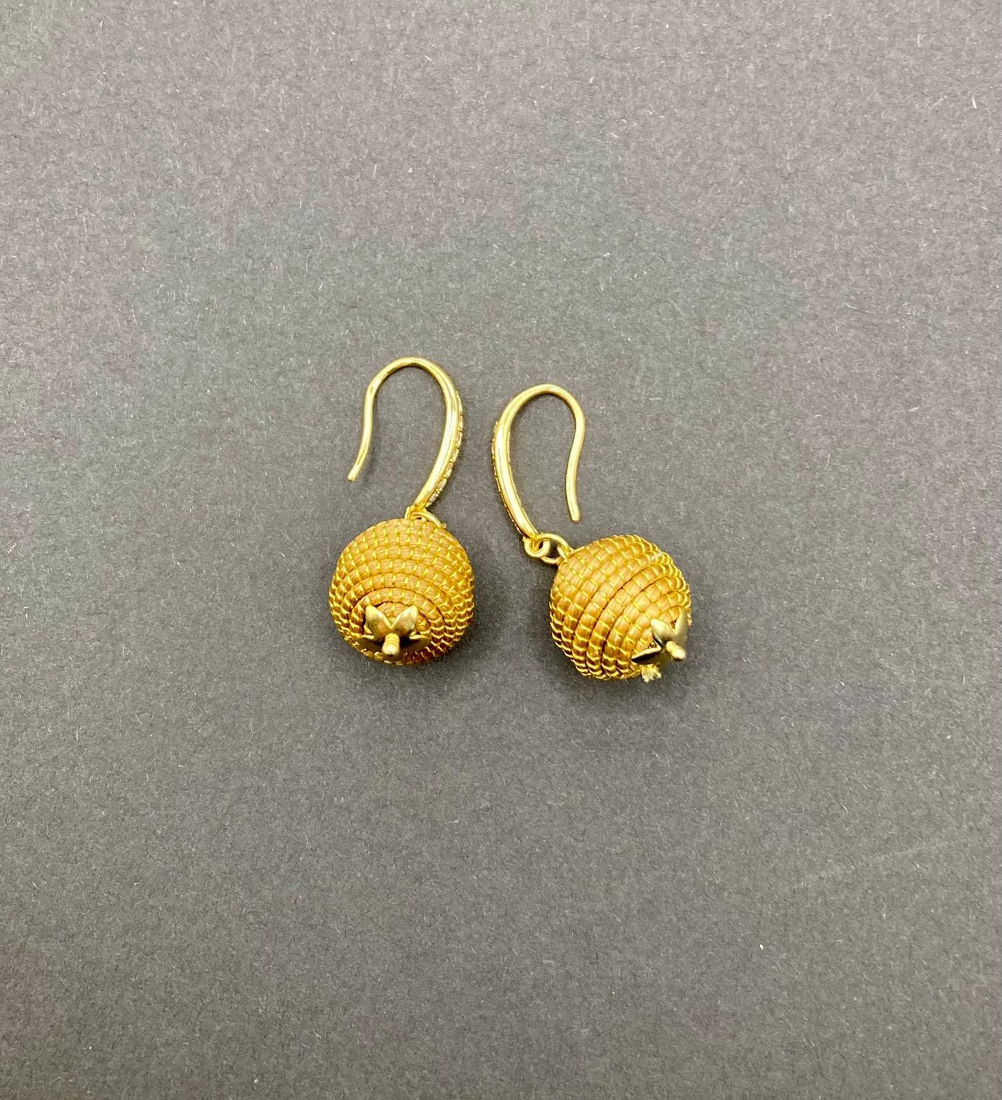 Handmade Golden Grass Ball Earrings – Brazilian Boho Jewelry