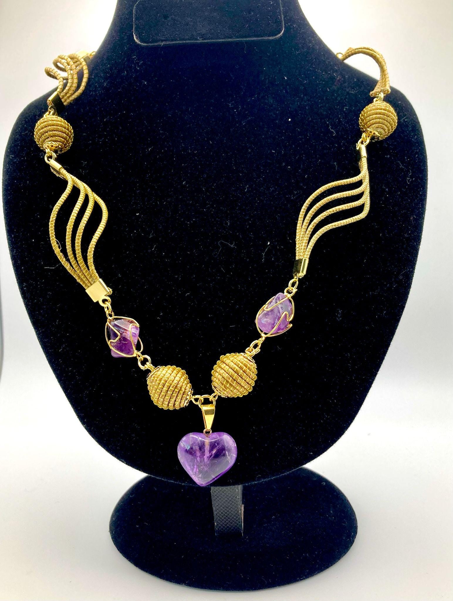 Amethyst Heart Pendant Necklace – Handcrafted Golden Grass Brazilian Jewelry