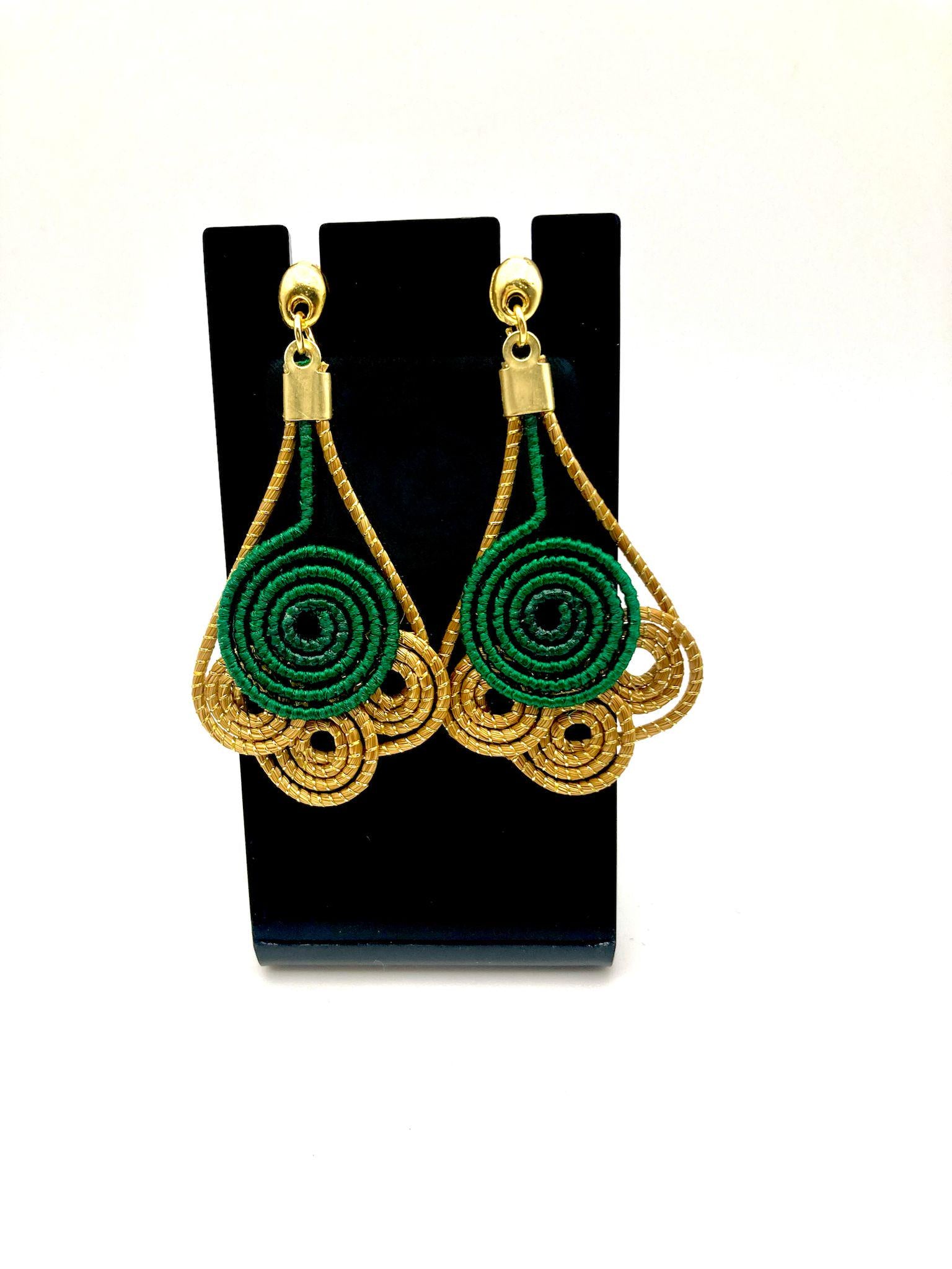 Green Flower Shaped Earrings   Handmade Golden Grass Jewelry  Unique Boho Statement Earrings  Gift for Her