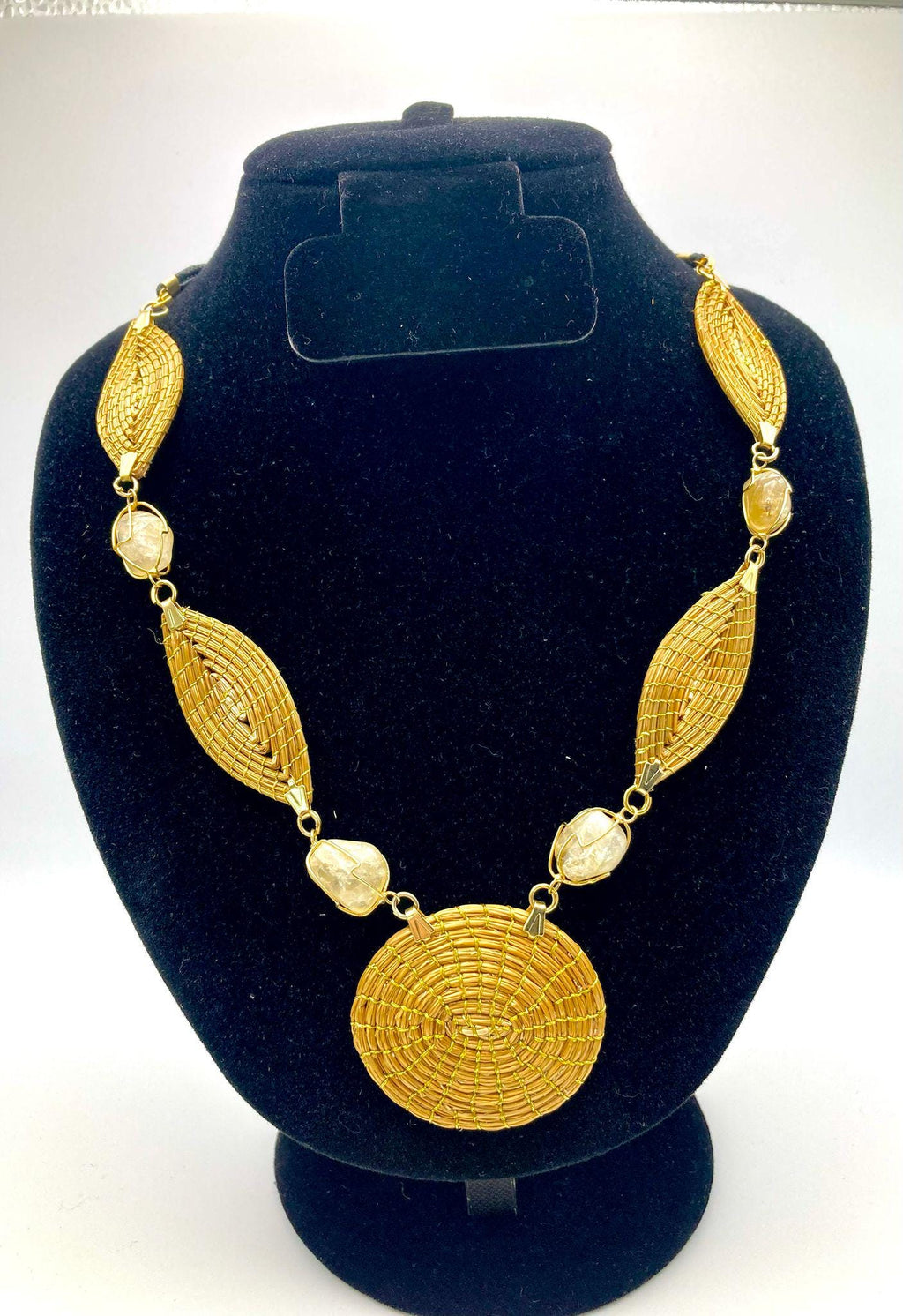 Golden Grass and Citrine Necklace  Handmade Brazilian Jewelry, Elegant Boho Statement Piece