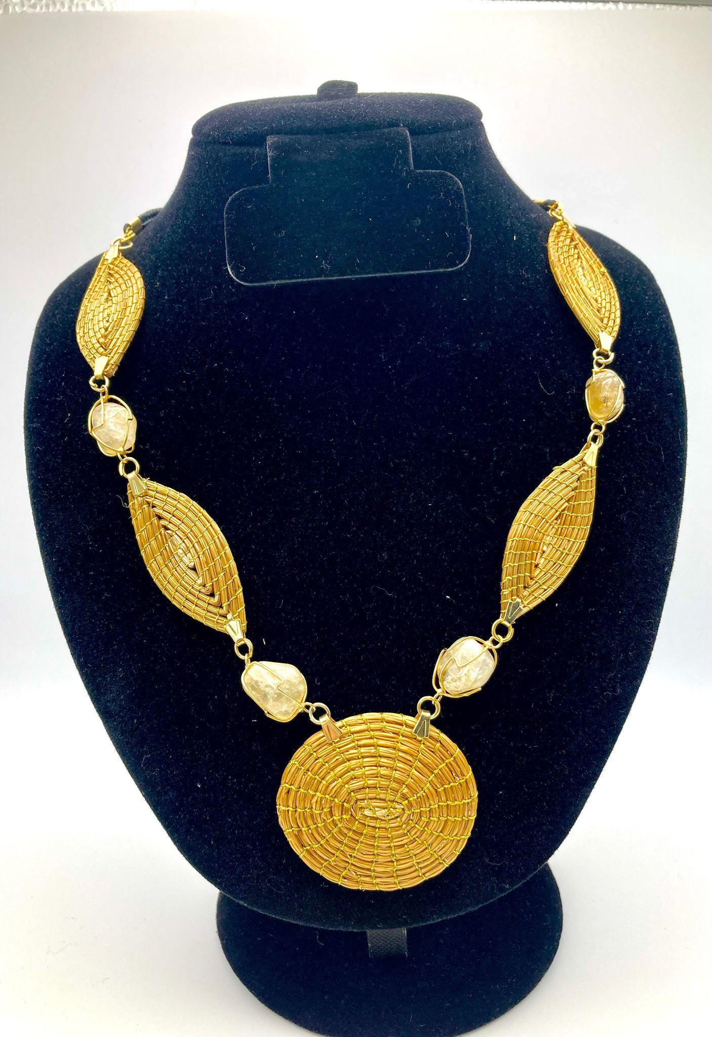 Golden Grass and Citrine Necklace  Handmade Brazilian Jewelry, Elegant Boho Statement Piece