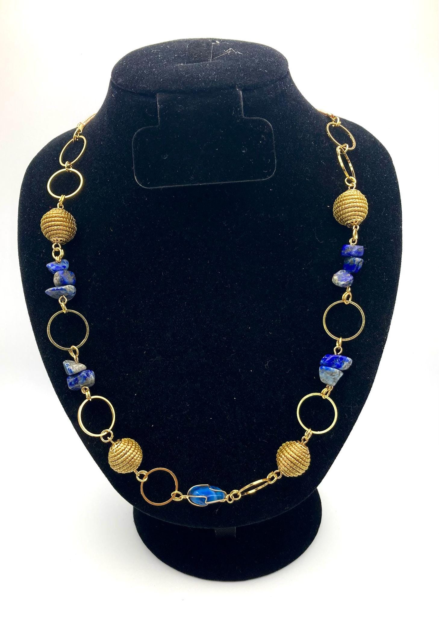 Golden Grass Lapis Lazuli Necklace  Handmade Brazilian Statement Jewelry