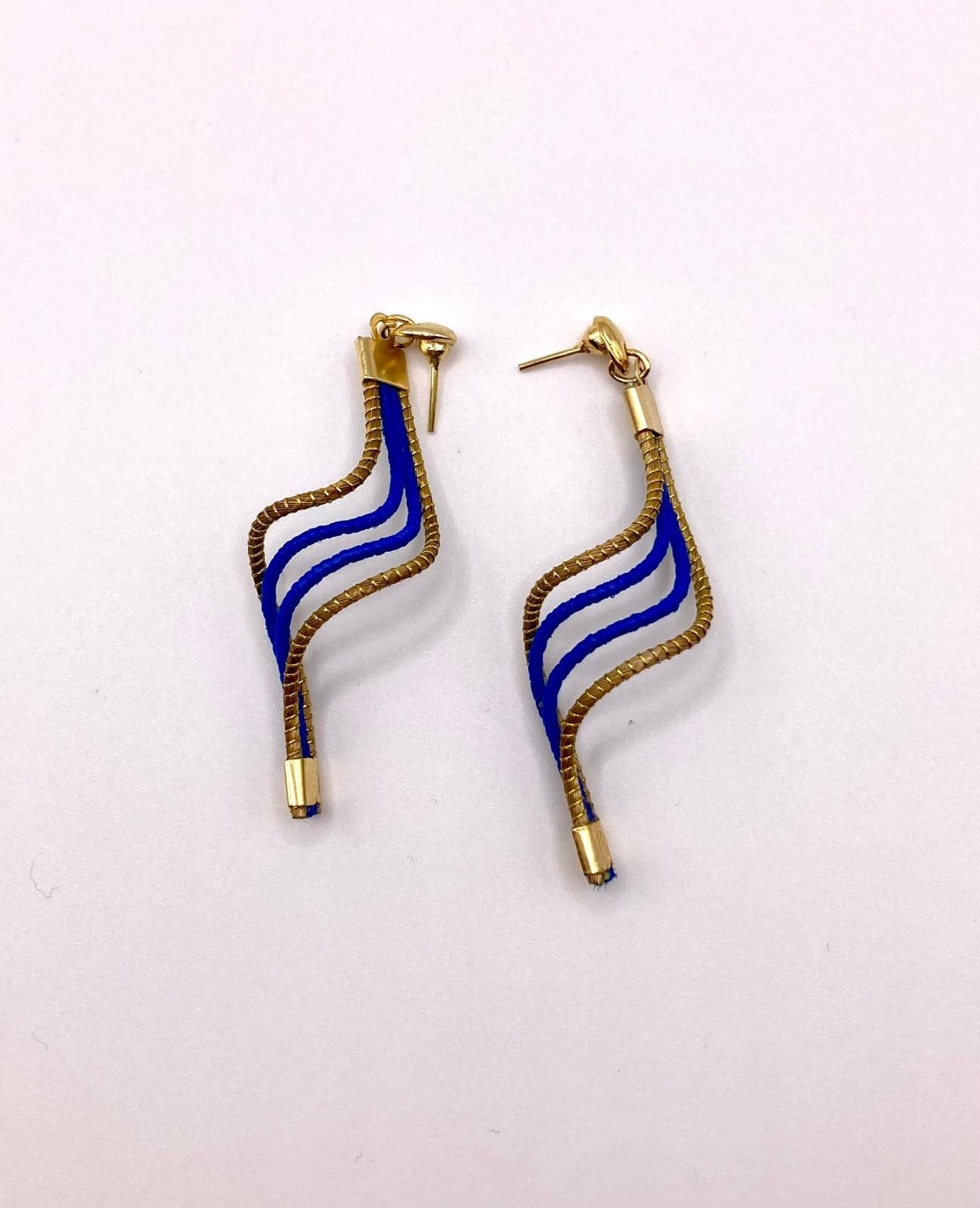 Golden Grass Blue Wave Earrings | Handmade Brazilian Jewelry | Lightweight Eco-Friendly Earrings
