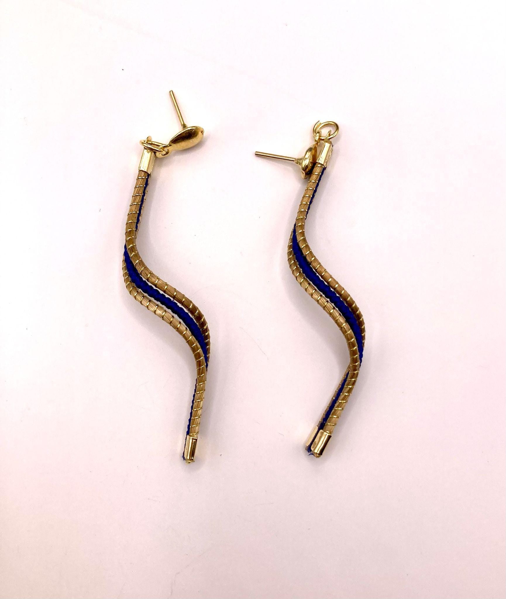 Golden Grass Thin Dark Blue Wave Earrings | Handmade Brazilian Jewelry | Lightweight Eco-Friendly Earrings