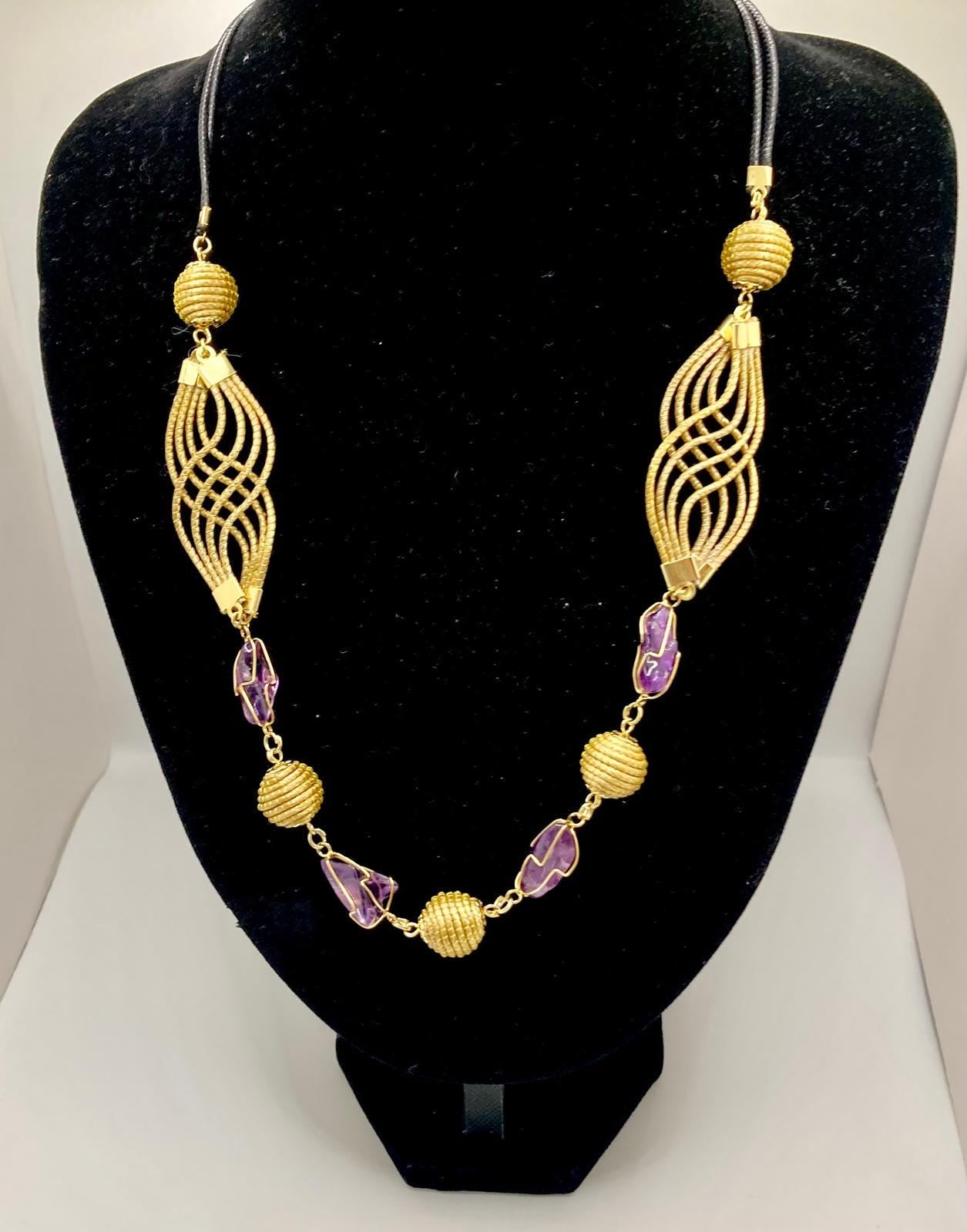 Golden Grass & Amethyst Necklace or Green Quartz Handcrafted Brazilian Jewelry | Eco-Friendly Elegant Gemstone Necklace