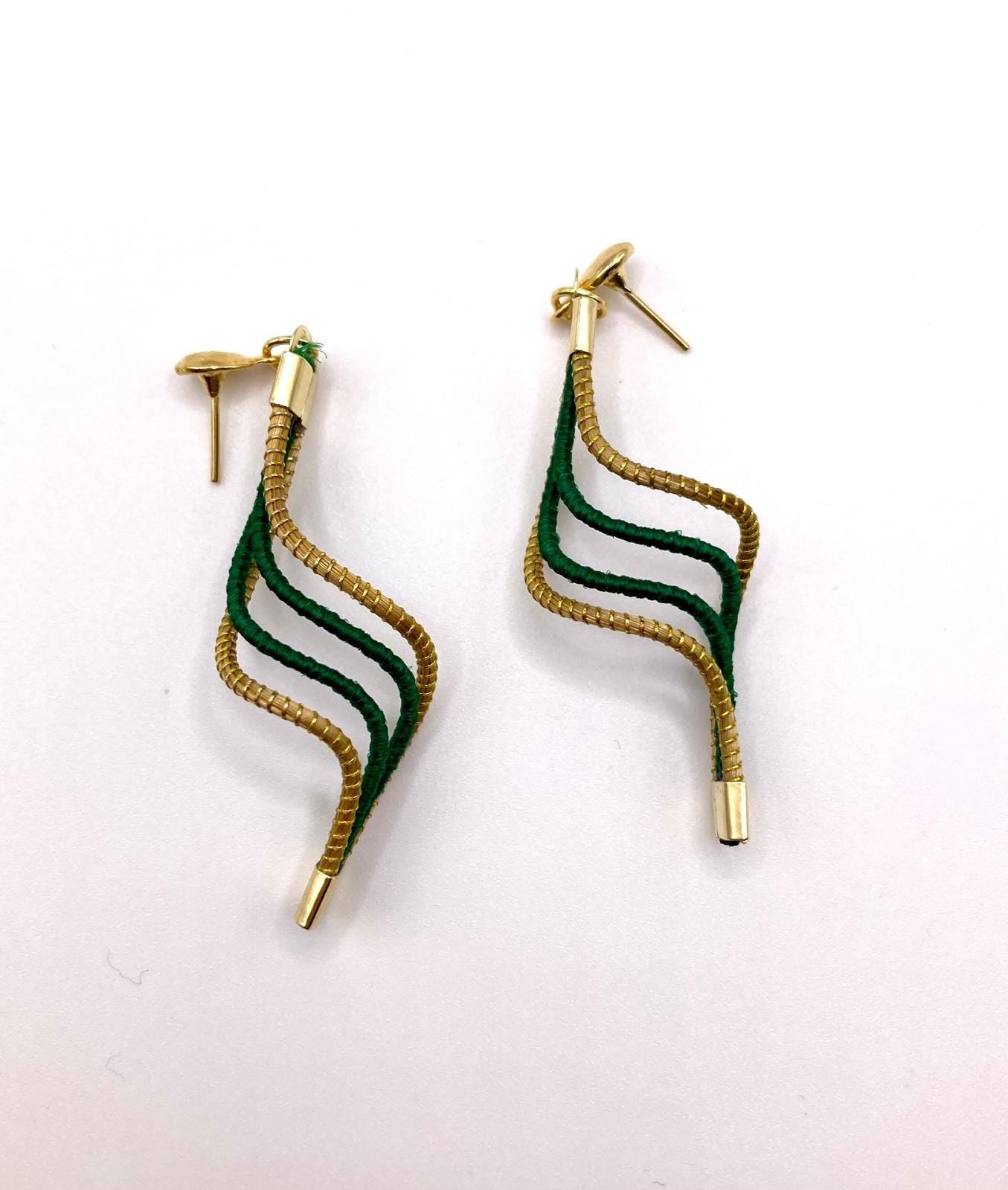 Golden Grass Green Wave Earrings | Handmade Brazilian Jewelry | Lightweight Eco-Friendly Earrings
