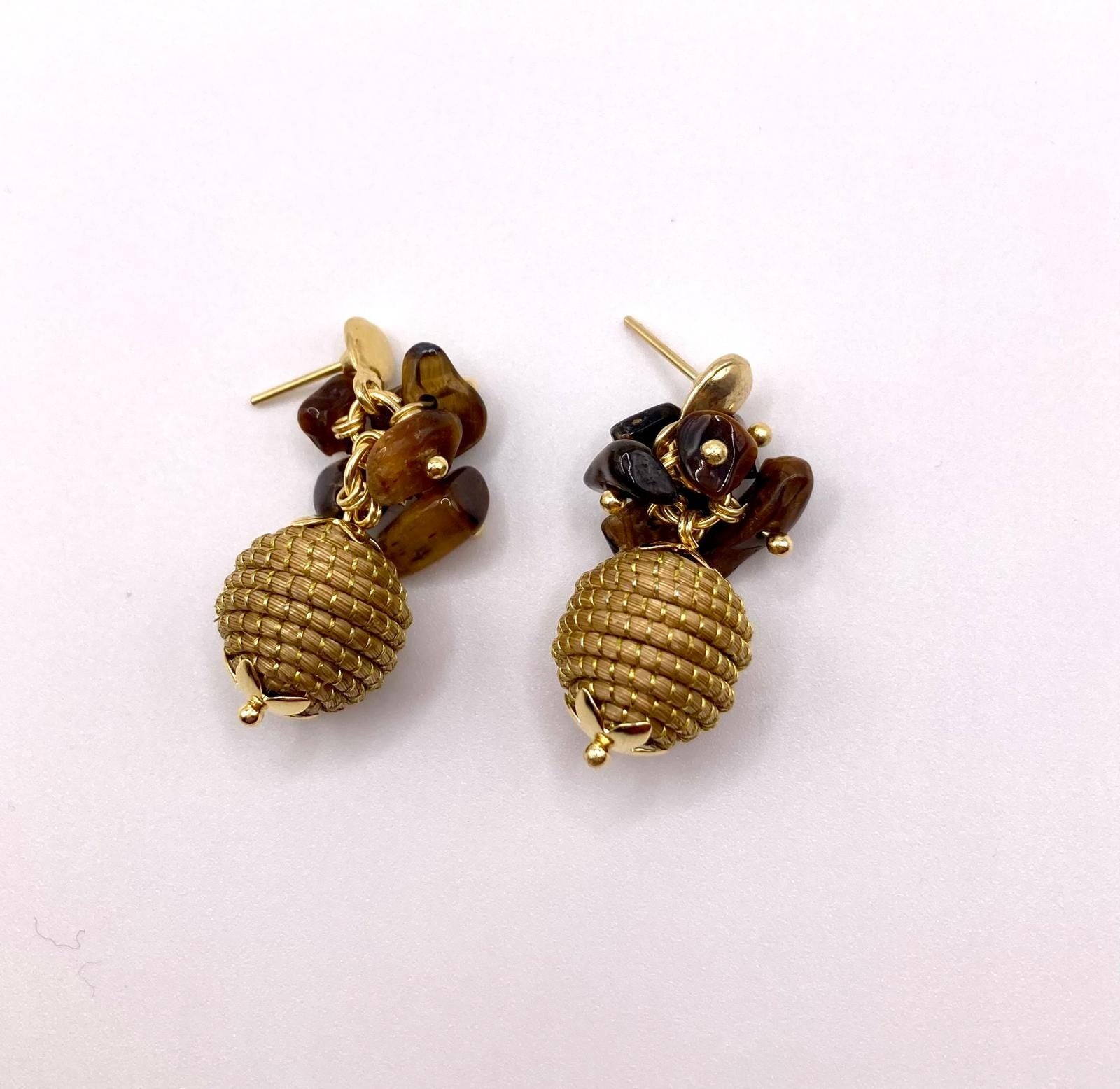 Golden Grass Tiger Eye Stone Earrings | Handmade Brazilian Jewelry | Lightweight Eco-Friendly Earrings
