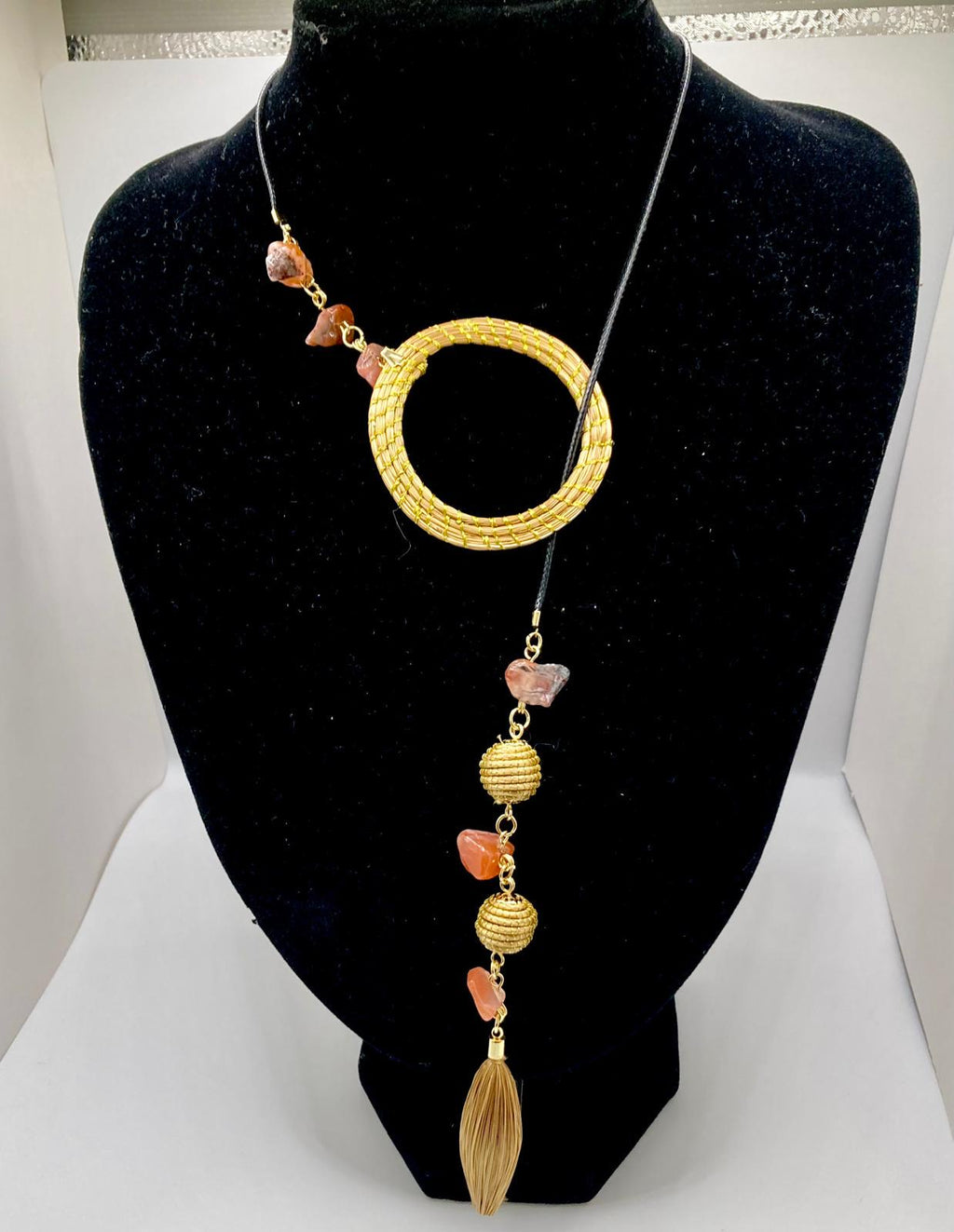 Capim Dourado Necklace with Fire Agate, Handmade Brazilian Statement Jewelry