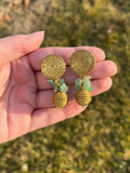 Golden Grass Earrings  Green Quartz, Turquoise, Crystal, Brazilian Jewelry