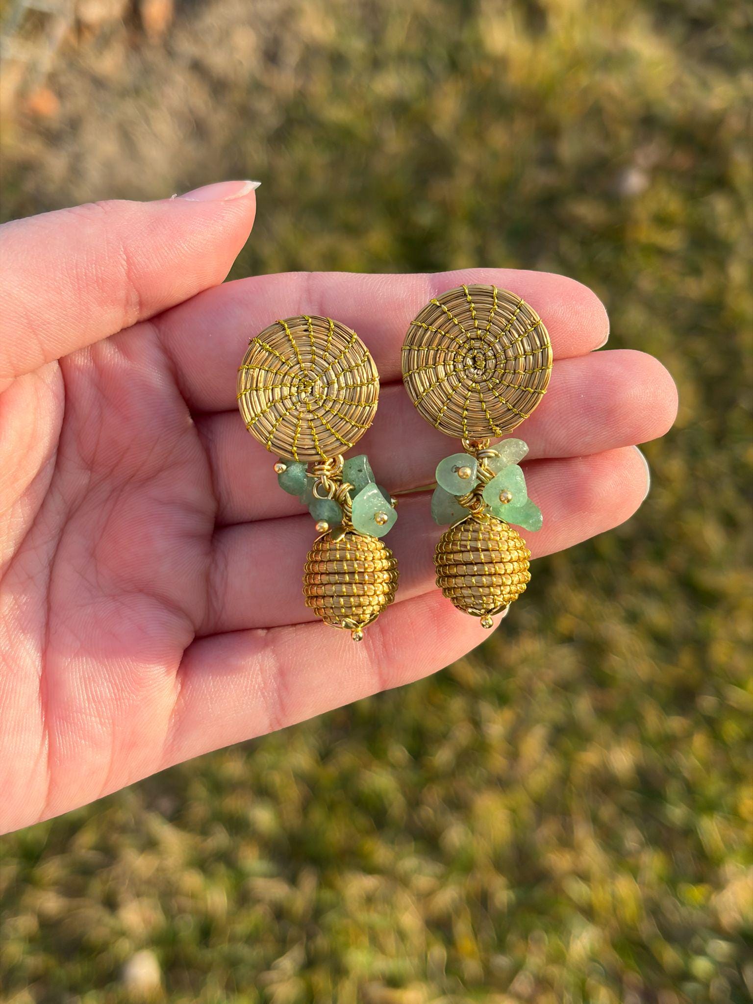 Golden Grass Earrings  Green Quartz, Turquoise, Crystal, Brazilian Jewelry