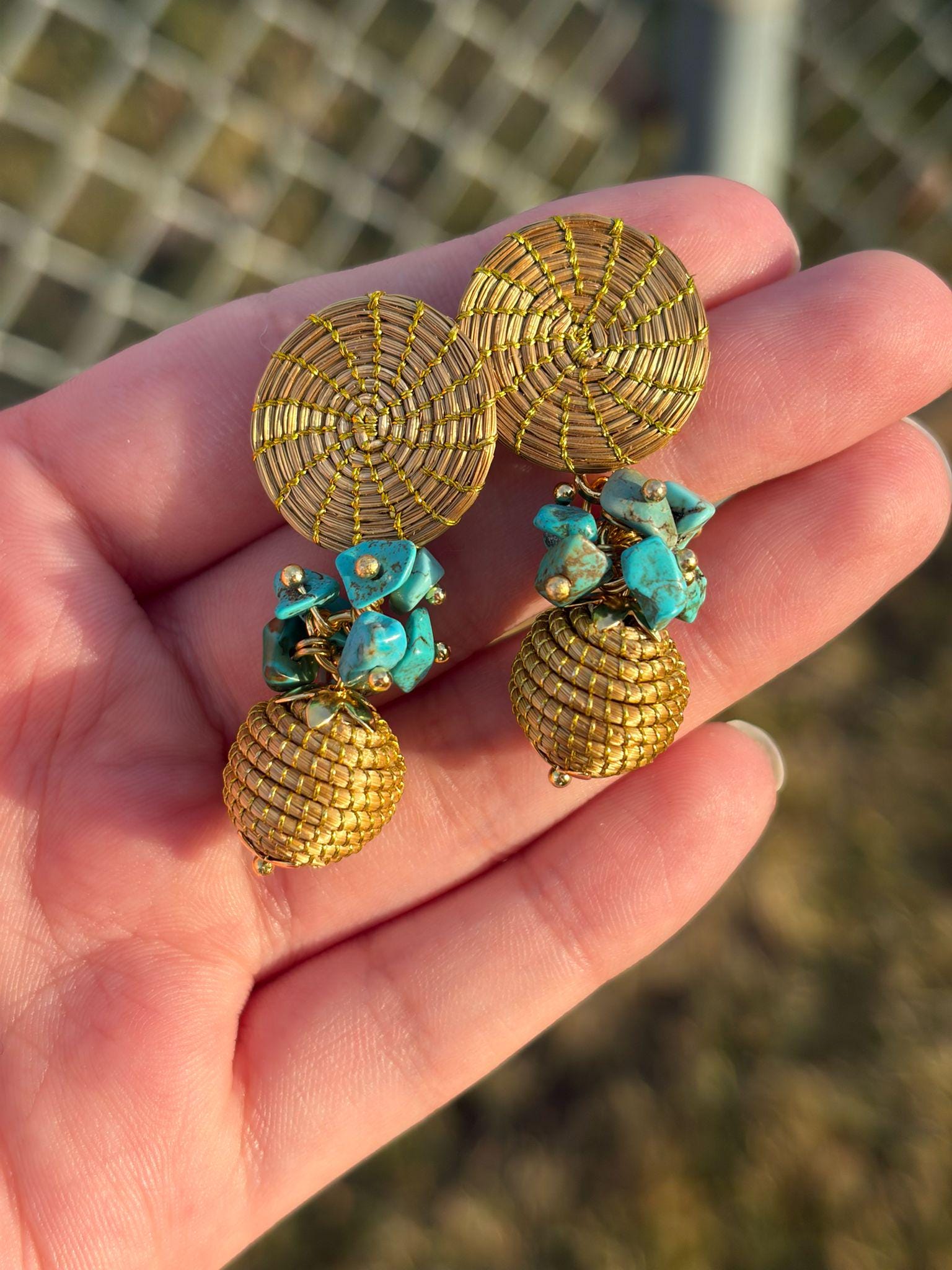 Golden Grass Earrings  Green Quartz, Turquoise, Crystal, Brazilian Jewelry