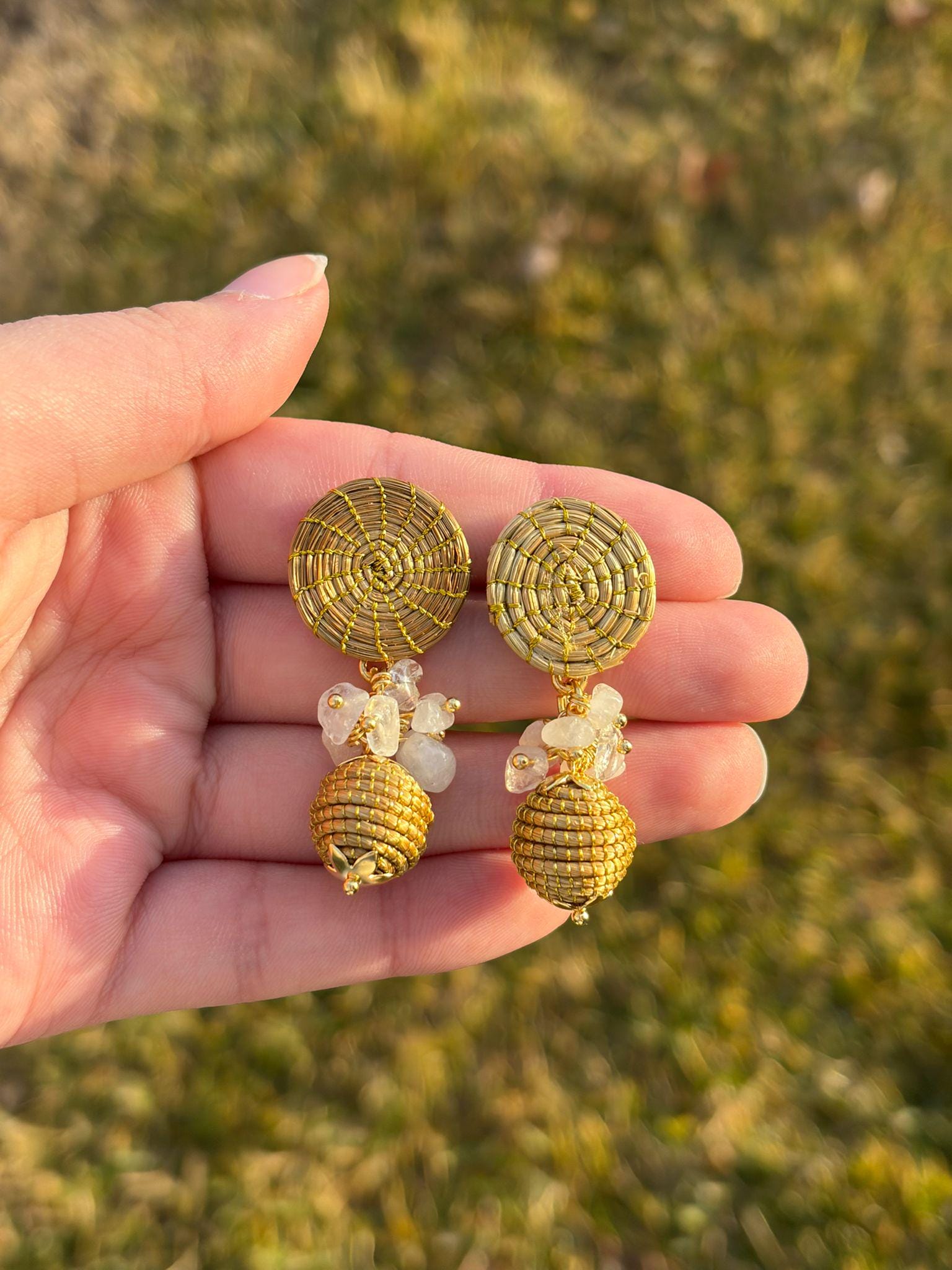 Golden Grass Earrings  Green Quartz, Turquoise, Crystal, Brazilian Jewelry