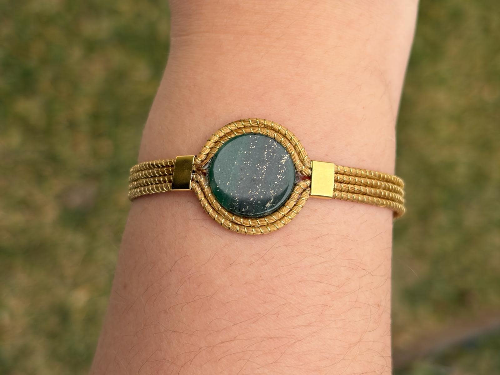 Golden Grass Adjustable Bracelet with Natural Stone  Minimal Handmade Brazilian Jewelry, Everyday Statement Bracelet
