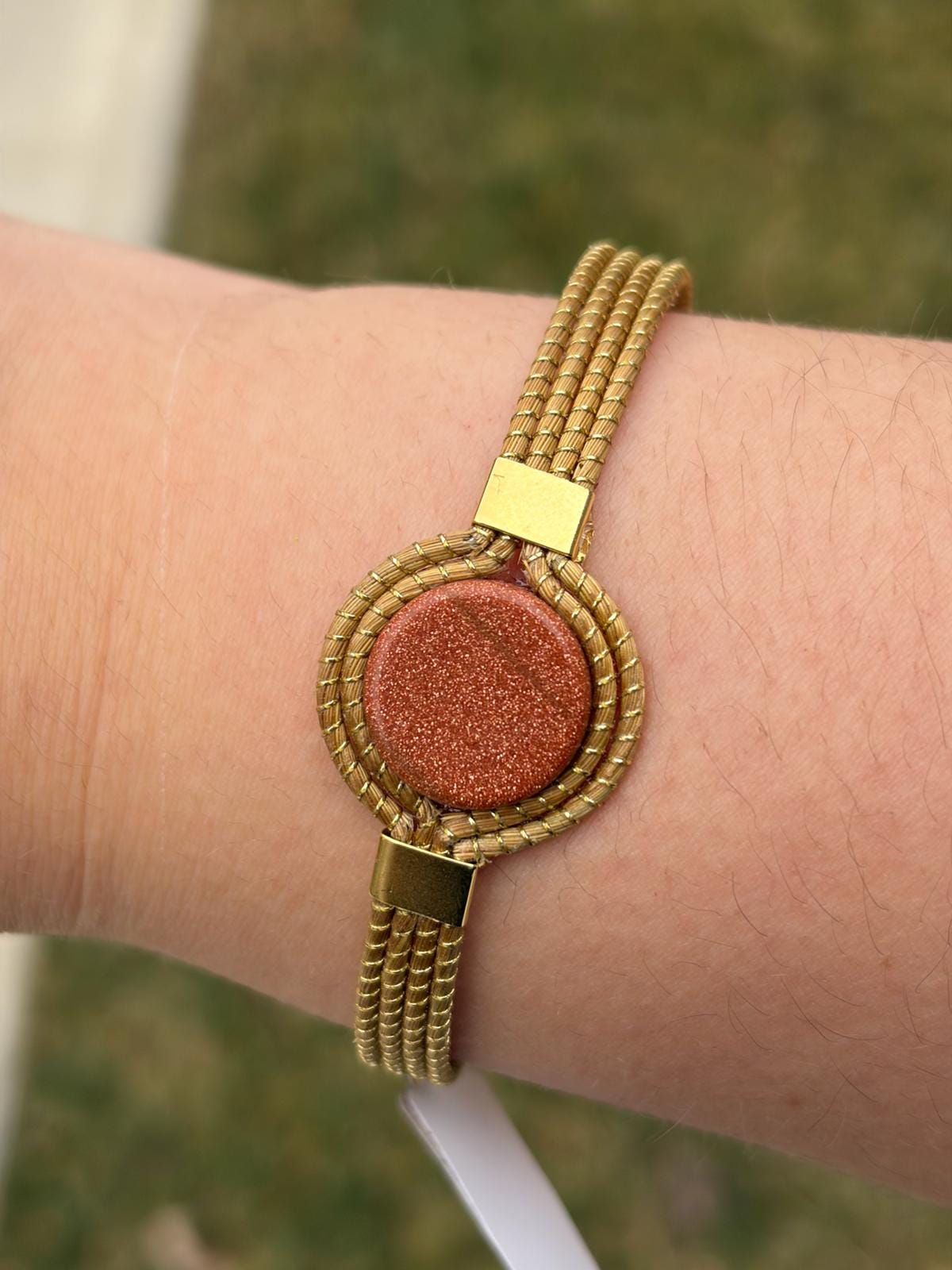 Golden Grass Adjustable Bracelet with Natural Stone  Minimal Handmade Brazilian Jewelry, Everyday Statement Bracelet