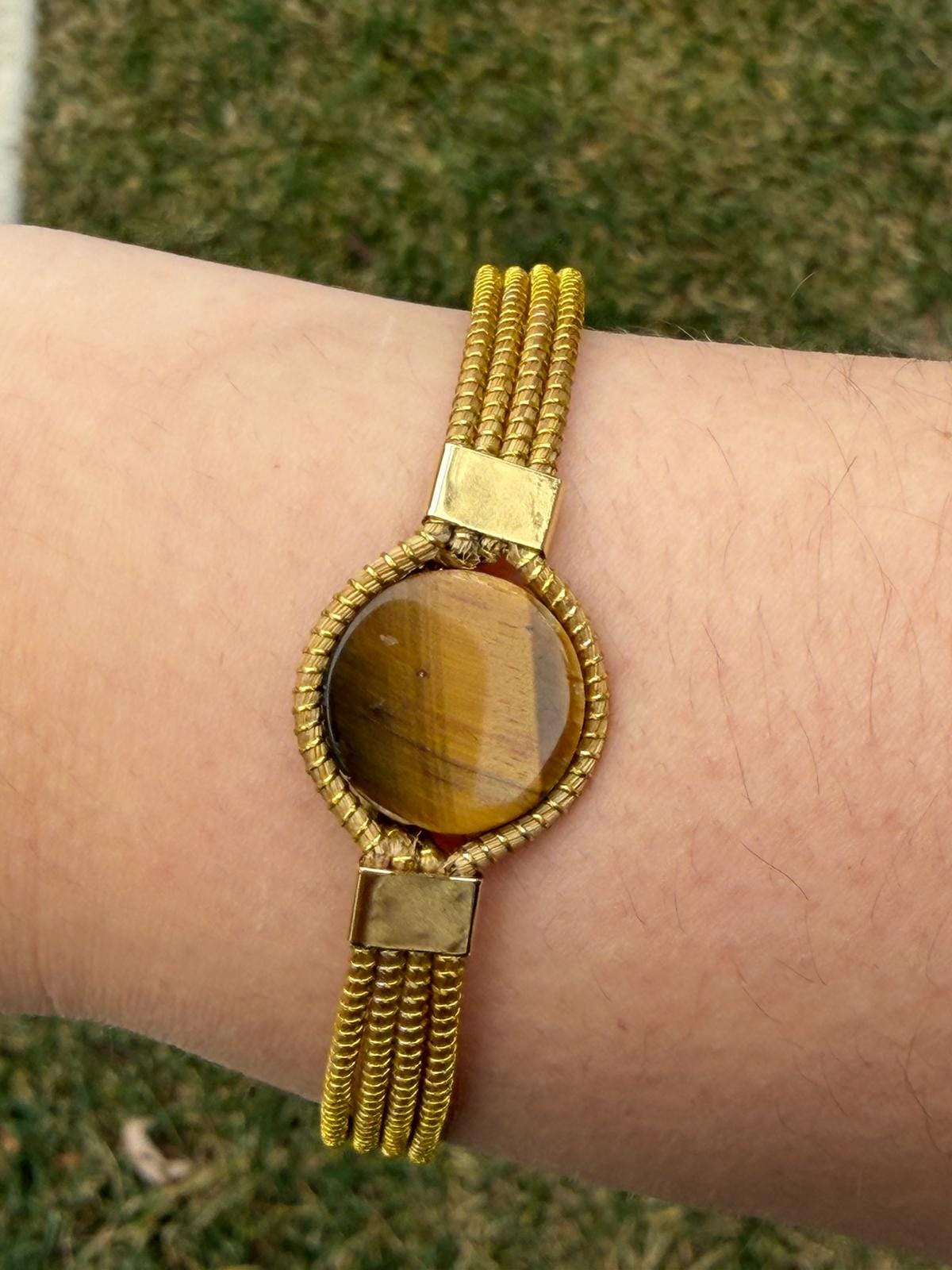 Golden Grass Adjustable Bracelet with Natural Stone  Minimal Handmade Brazilian Jewelry, Everyday Statement Bracelet
