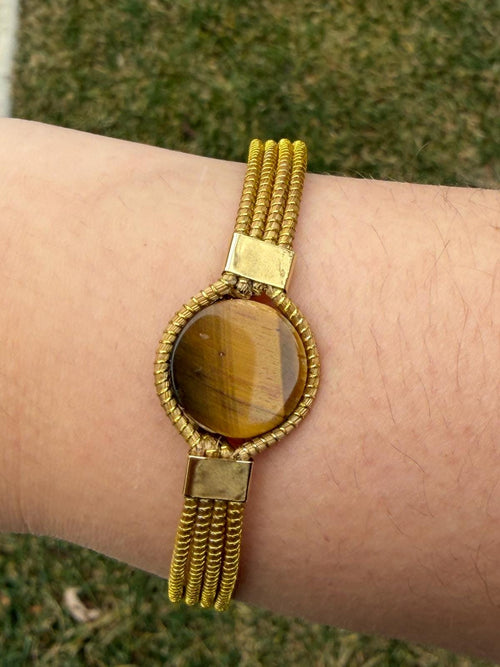 Golden Grass Adjustable Bracelet with Natural Stone  Minimal Handmade Brazilian Jewelry, Everyday Statement Bracelet