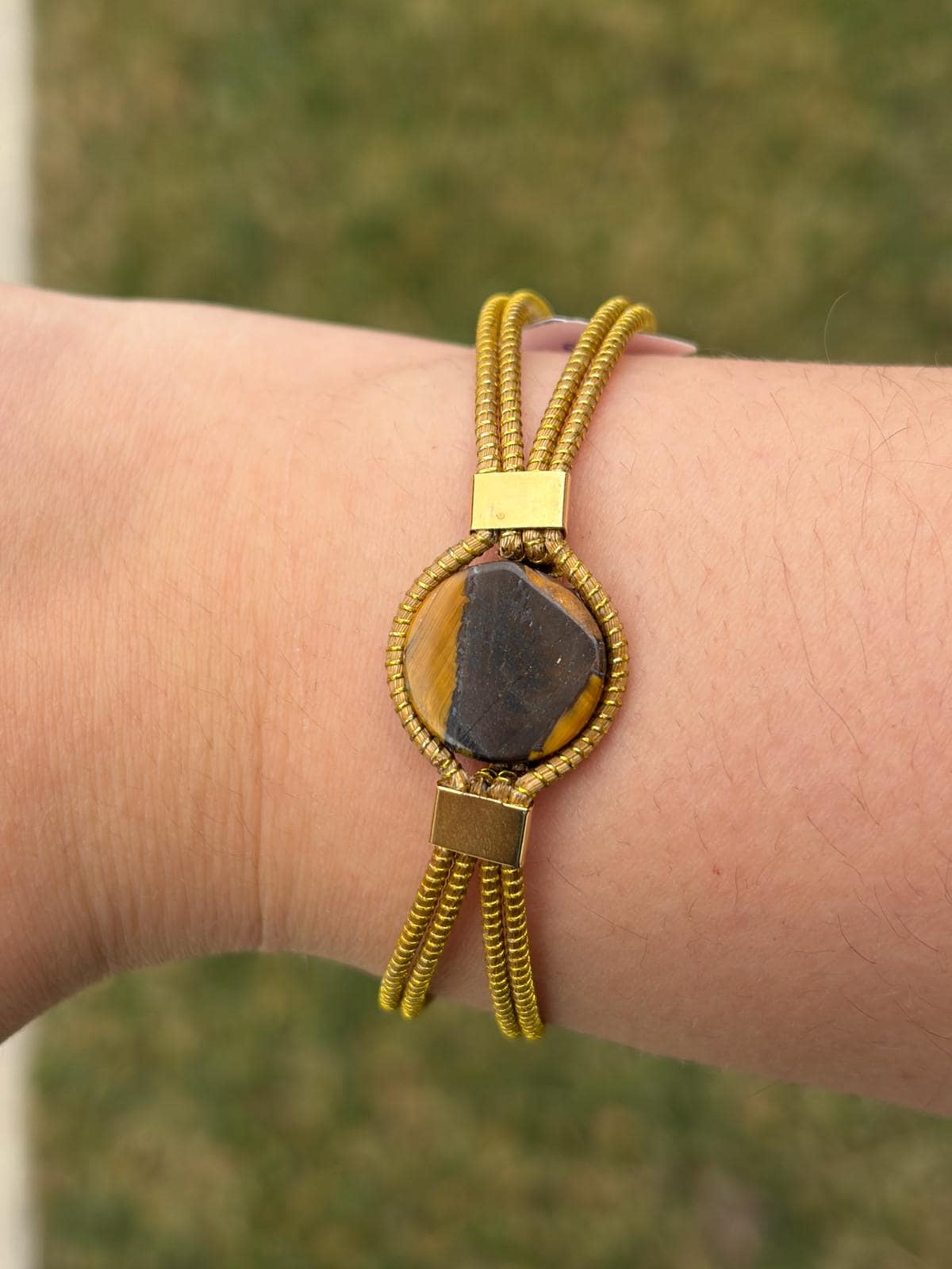 Adjustable Golden Grass Bracelet with Natural Stones  Handmade Minimal Brazilian Jewelry, Everyday Flexible Bracelet