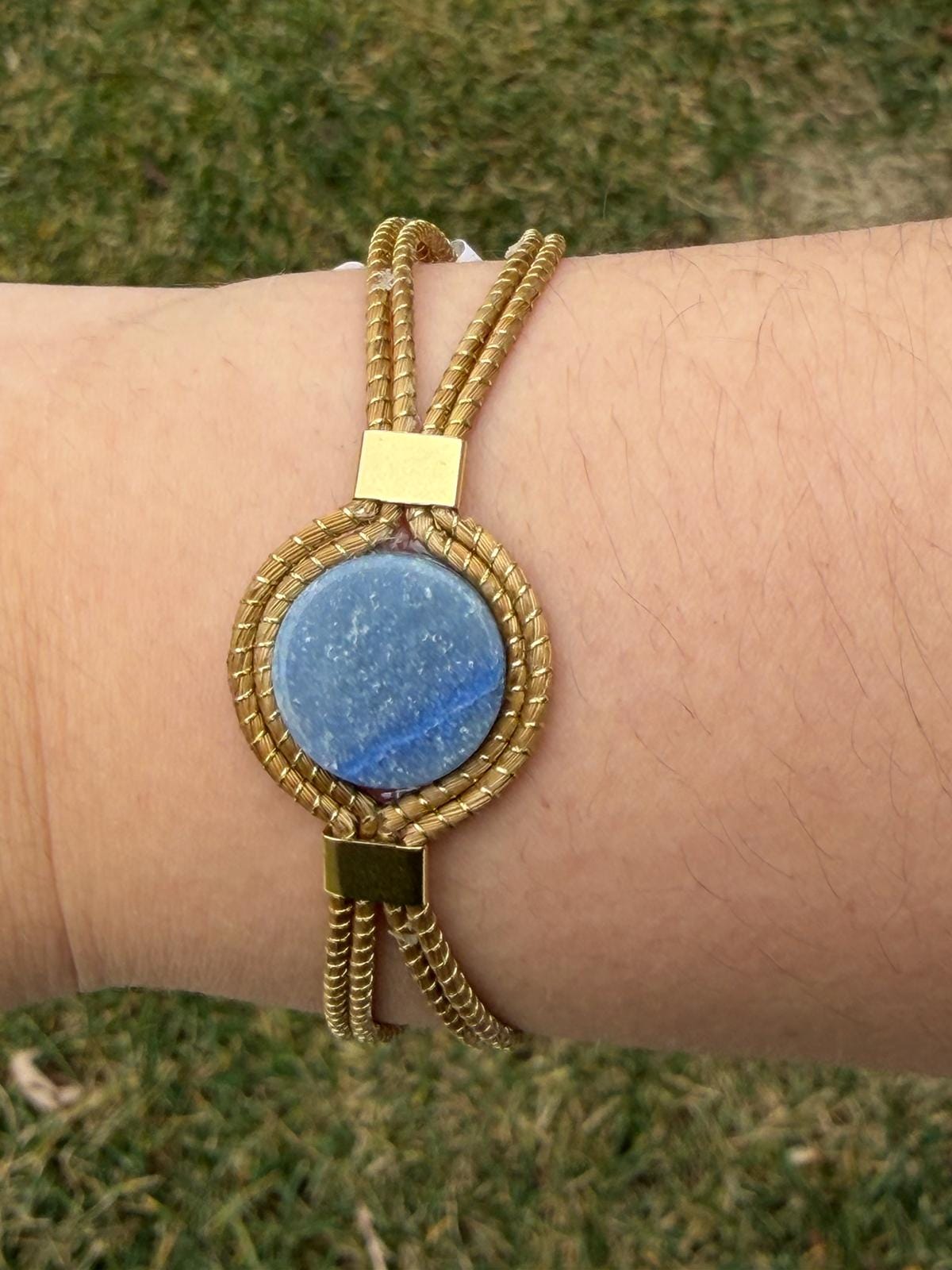 Adjustable Golden Grass Bracelet with Natural Stones  Handmade Minimal Brazilian Jewelry, Everyday Flexible Bracelet