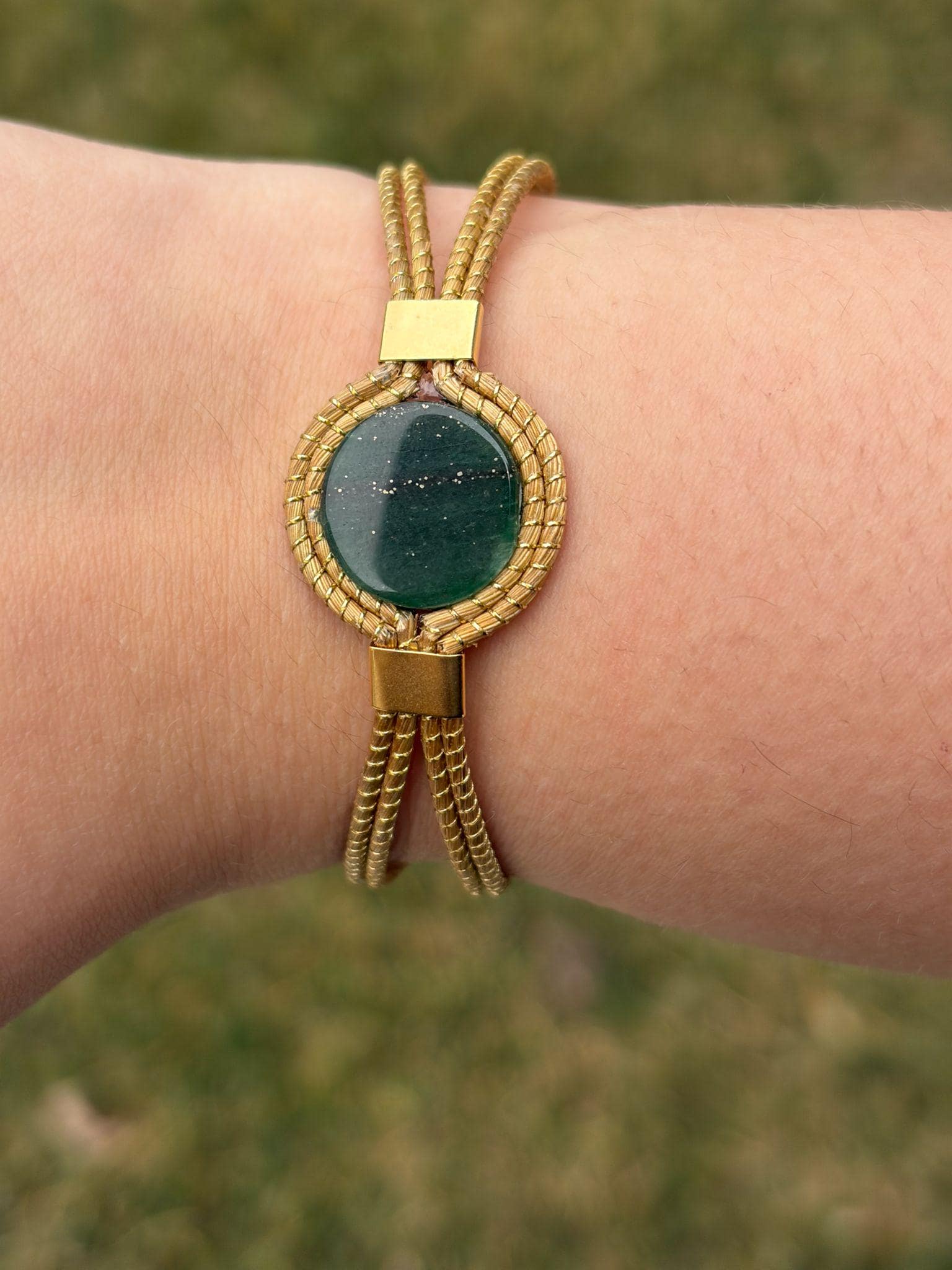 Adjustable Golden Grass Bracelet with Natural Stones  Handmade Minimal Brazilian Jewelry, Everyday Flexible Bracelet
