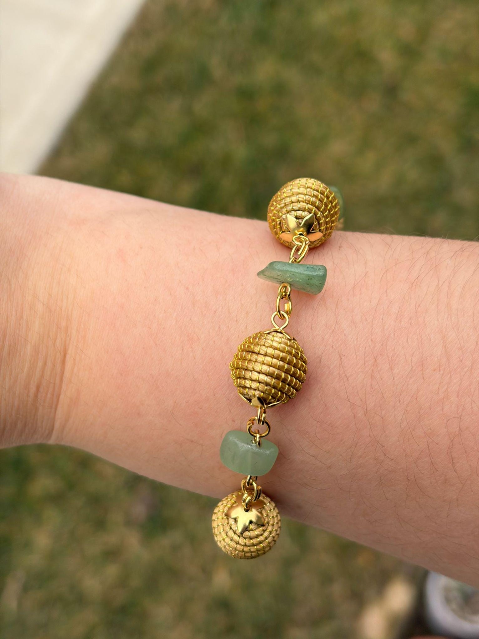 Golden Grass Beaded Bracelet with Natural Stones  Adjustable Handmade Brazilian Jewelry