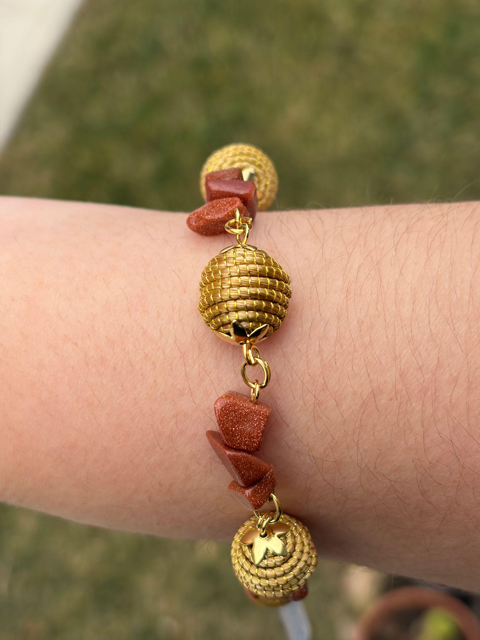 Golden Grass Beaded Bracelet with Natural Stones  Adjustable Handmade Brazilian Jewelry