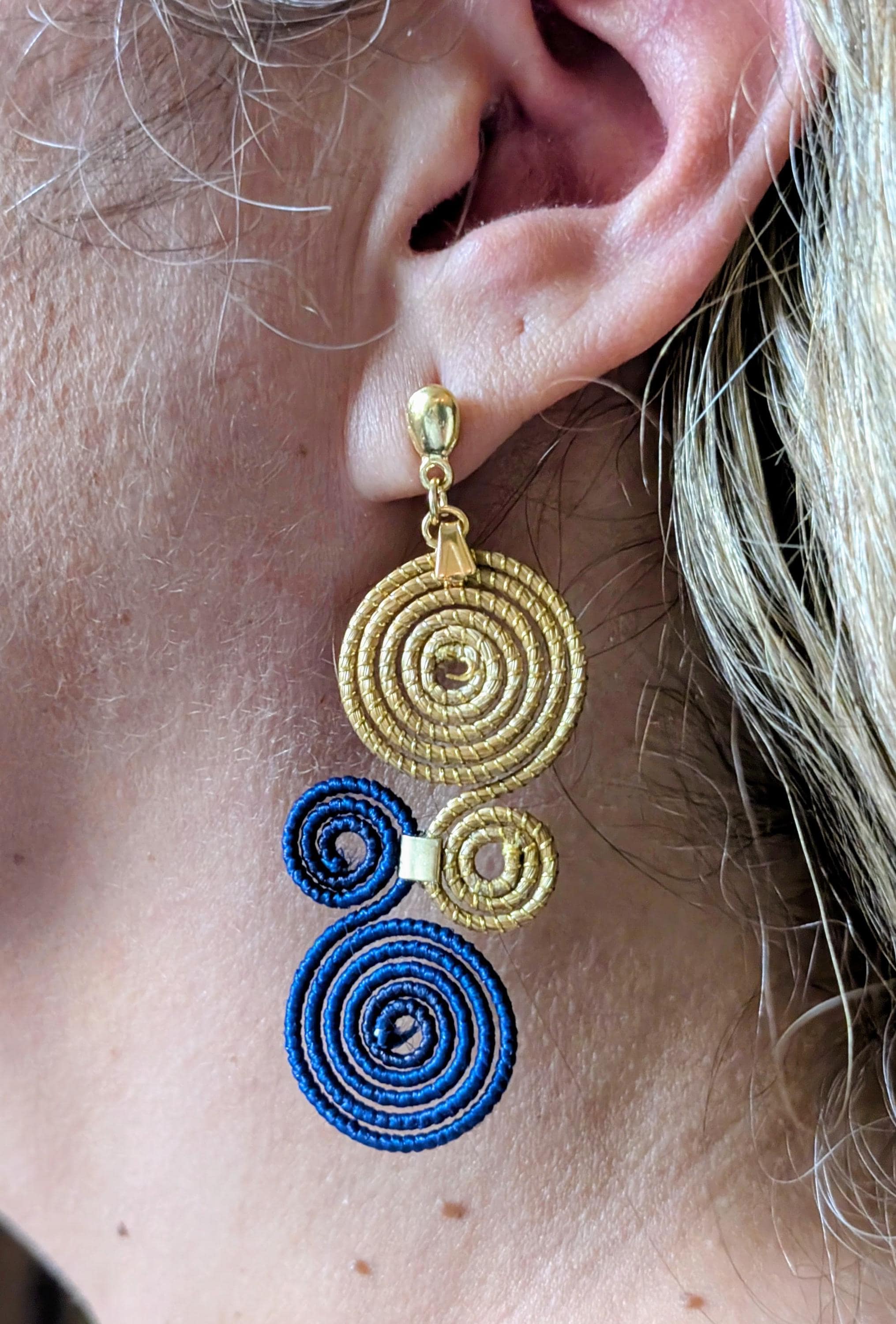 Spiral Golden Grass Statement Earrings  Handmade Brazilian Art Jewelry