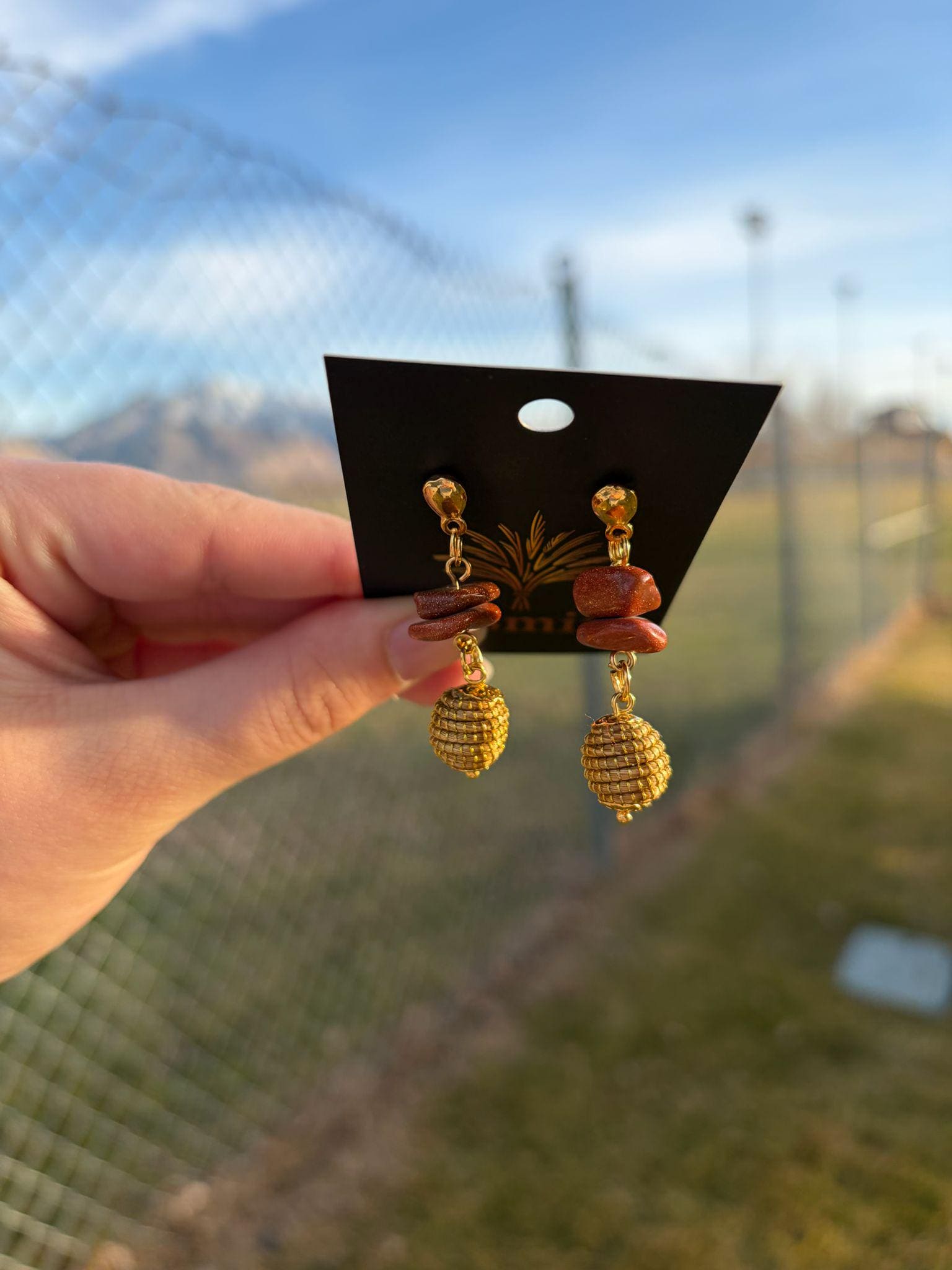 Golden Grass Earrings  Sunstone Gemstone, 18k Gold-Dipped