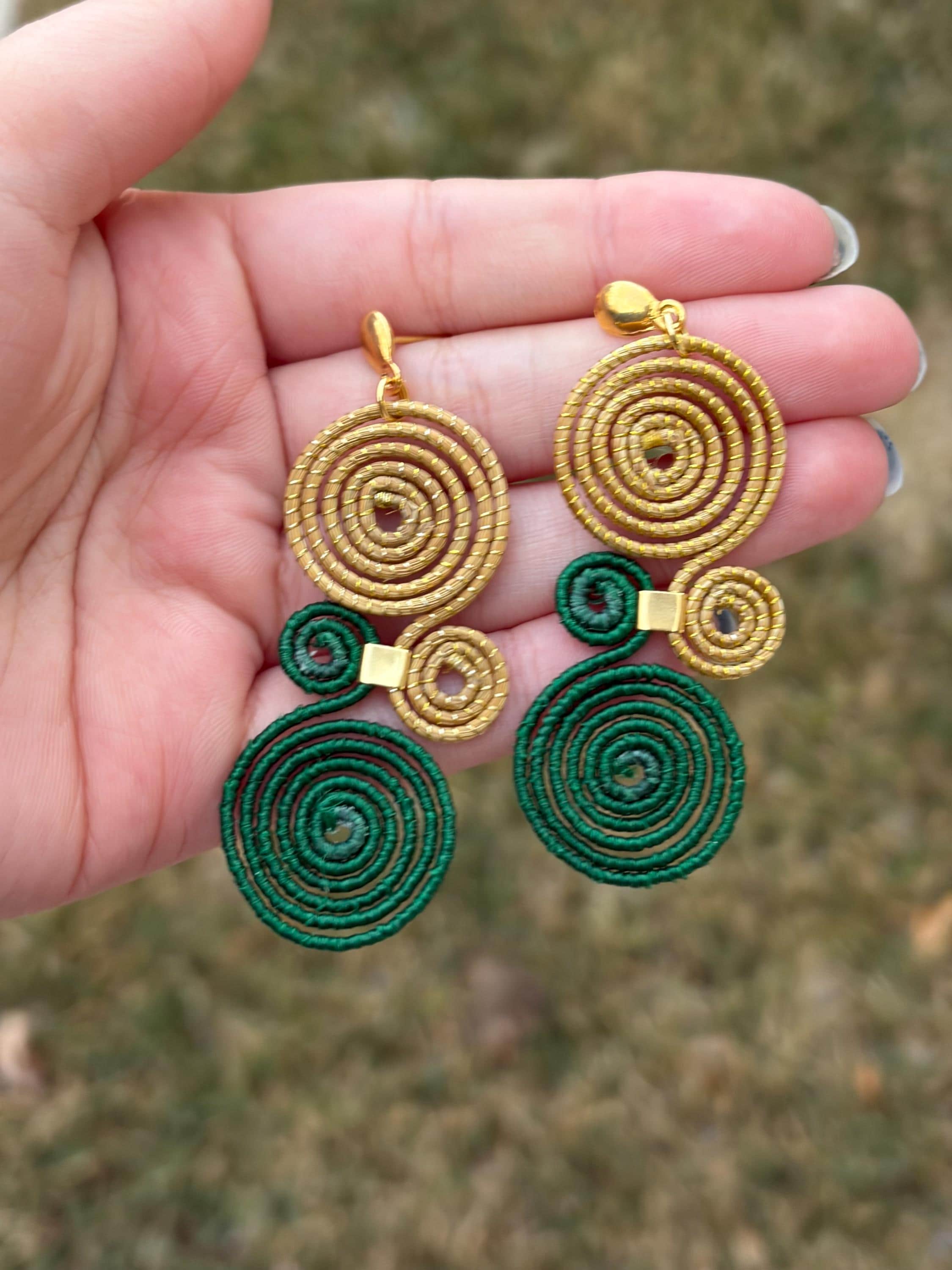 Spiral Golden Grass Statement Earrings  Handmade Brazilian Art Jewelry