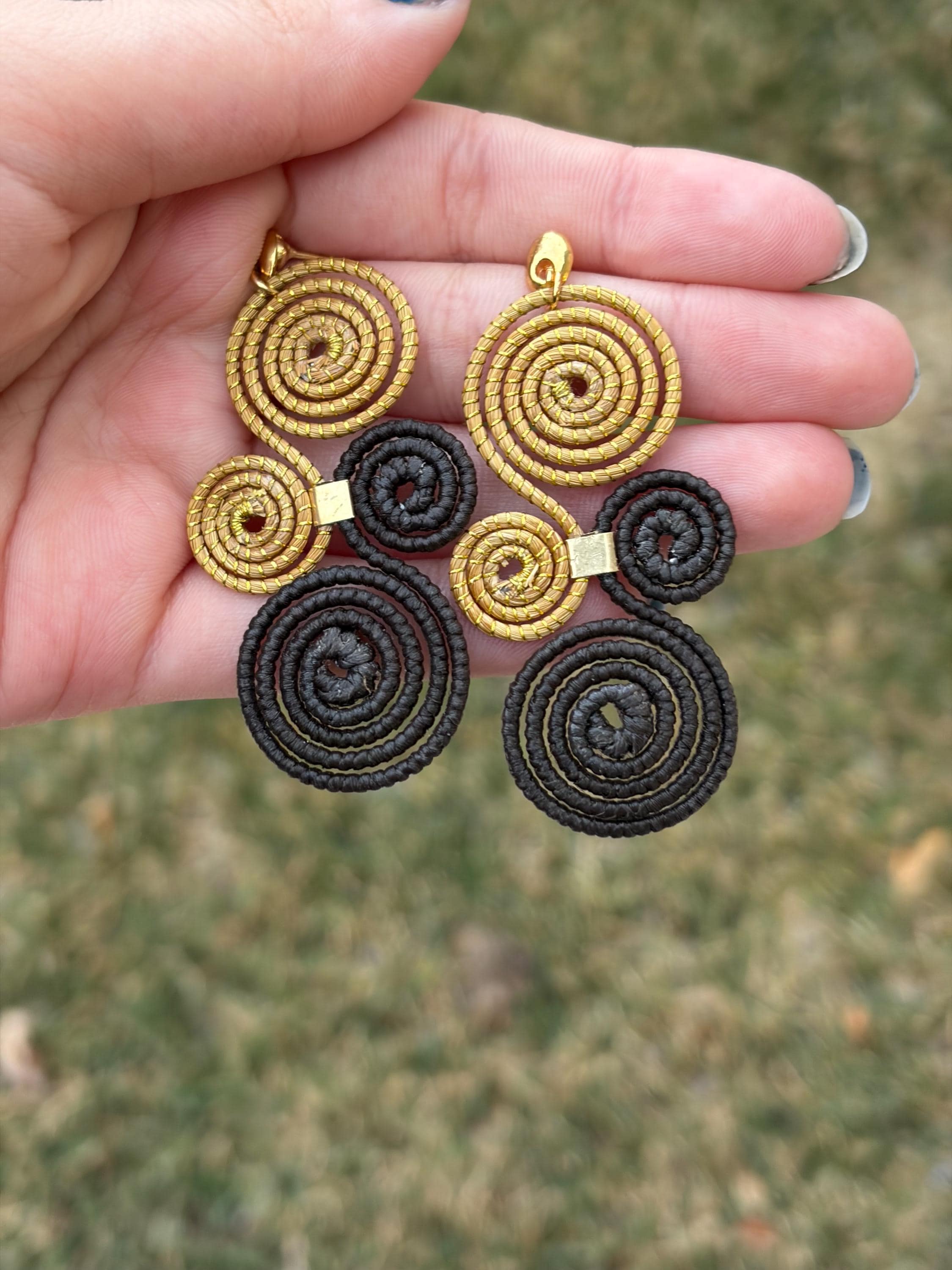 Spiral Golden Grass Statement Earrings  Handmade Brazilian Art Jewelry