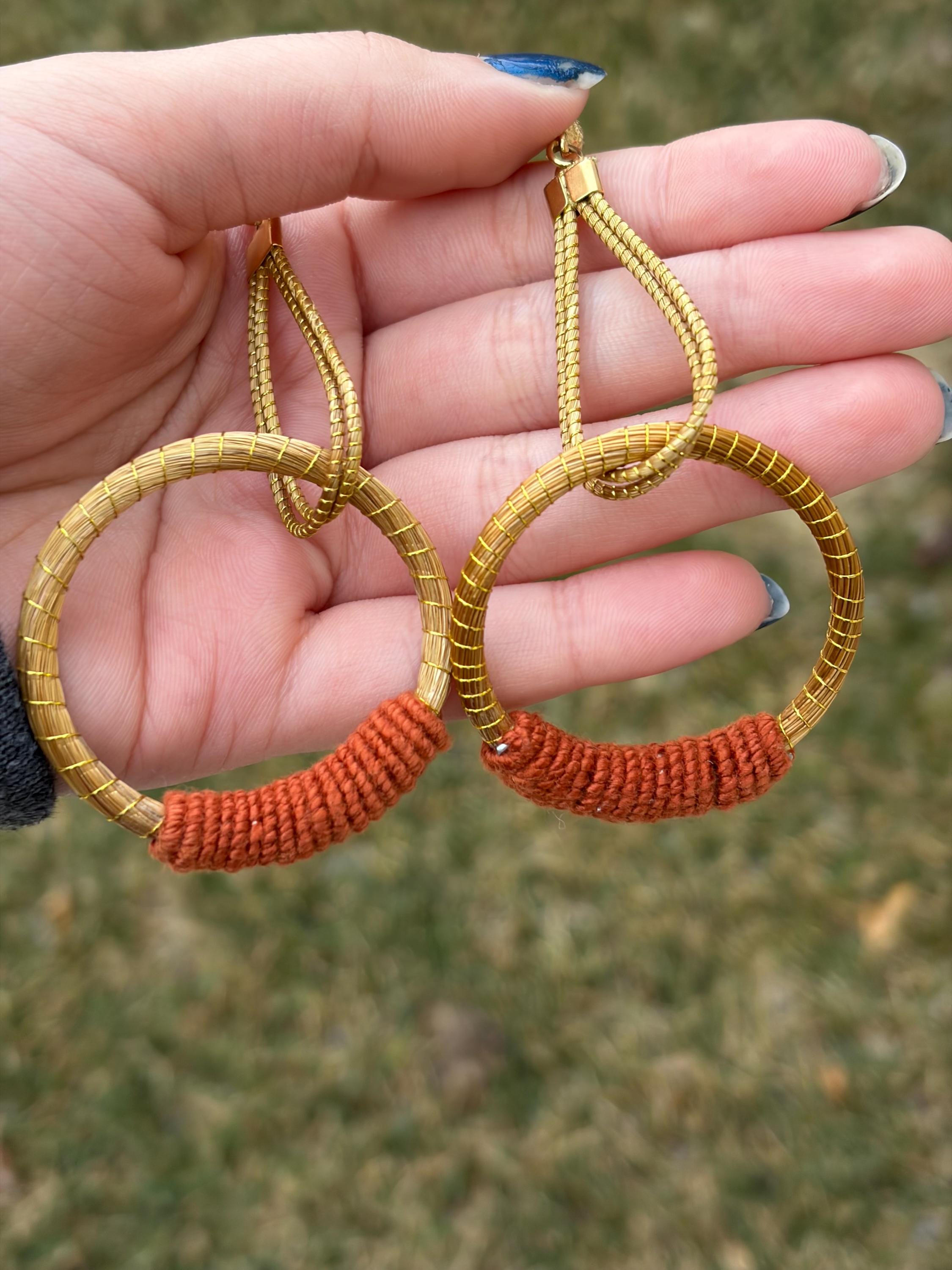 Golden Grass Hoop Earrings with Color Wrap  Handmade Brazilian Statement Jewelry