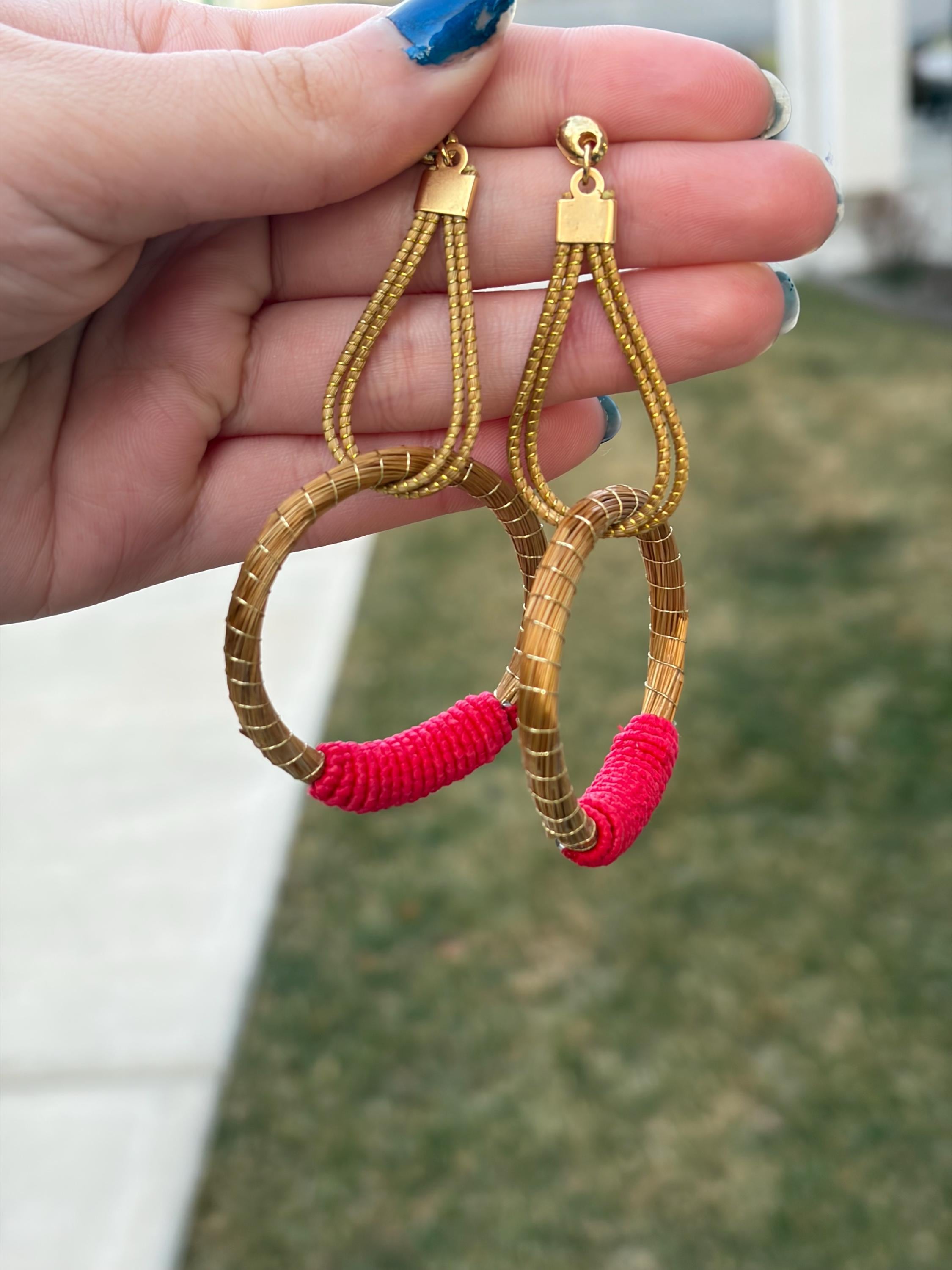 Golden Grass Hoop Earrings with Color Wrap  Handmade Brazilian Statement Jewelry