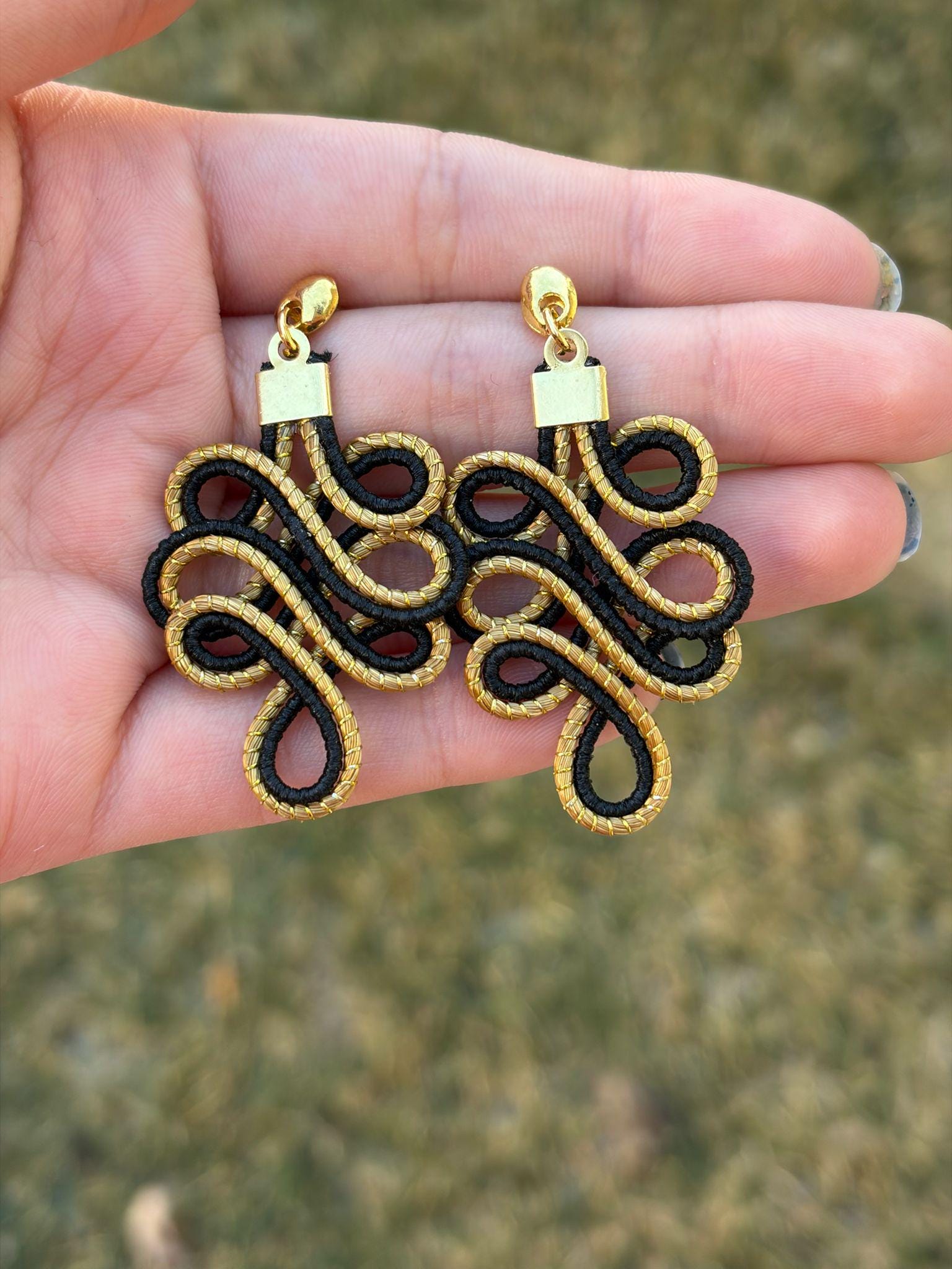 Golden Grass Swirl Statement Earrings  Handmade Brazilian Jewelry, Bold Artistic Design