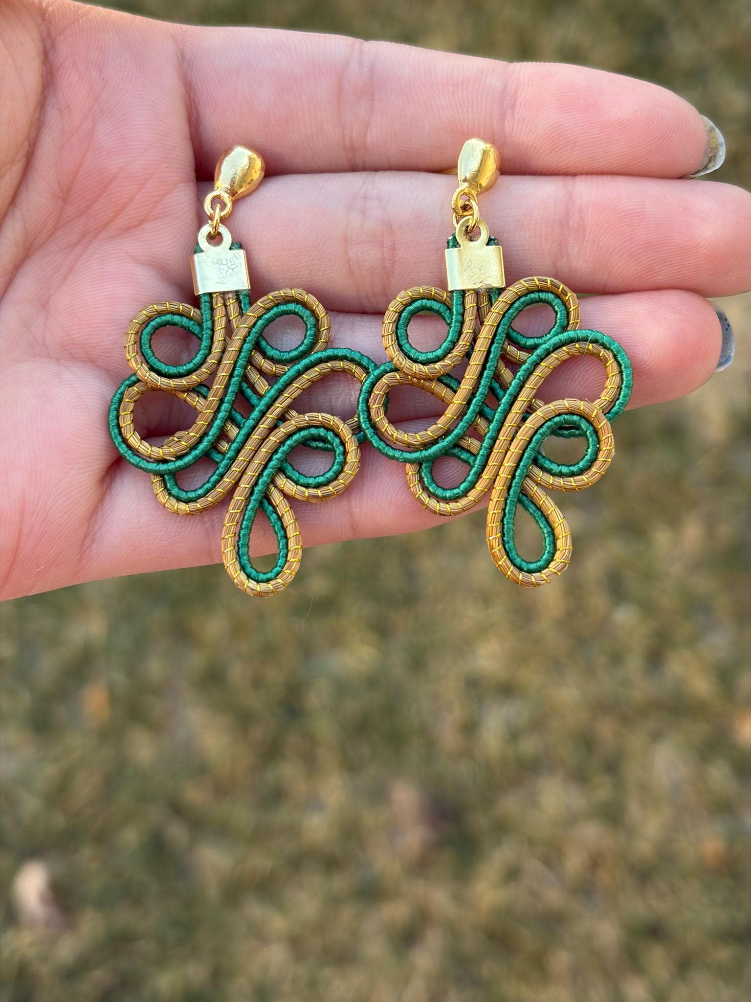 Golden Grass Swirl Statement Earrings  Handmade Brazilian Jewelry, Bold Artistic Design