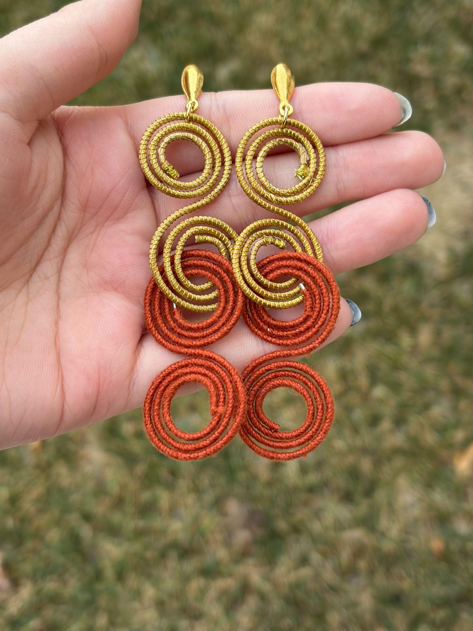 Golden Grass Spiral Earrings  Handmade Brazilian Jewelry, Natural & Terracotta Statement Design