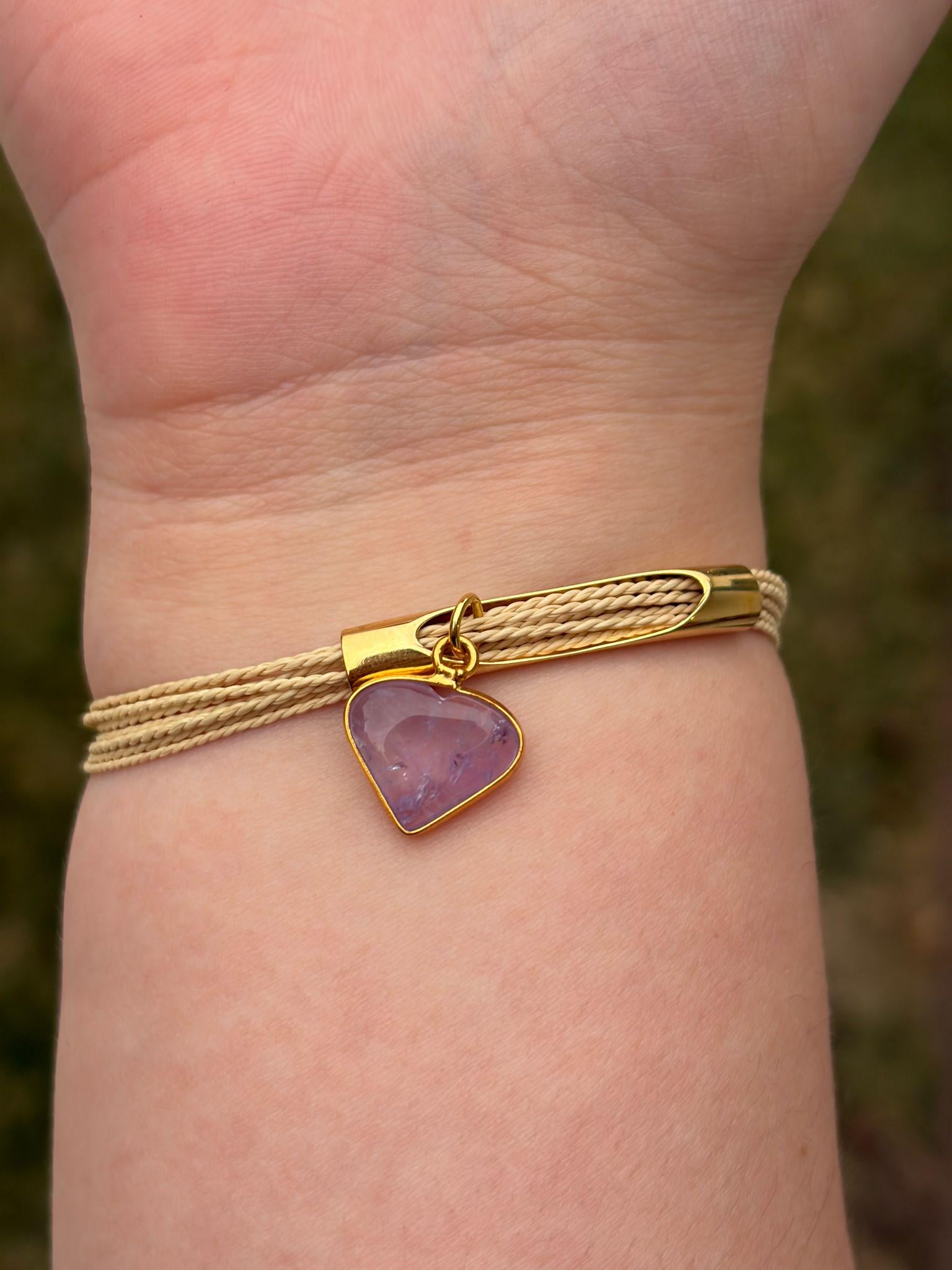 Minimal Golden Grass Bracelet with Natural Stone Charm, Adjustable Handmade Brazilian Jewelry, Quartz, Amethyst, Moonstone