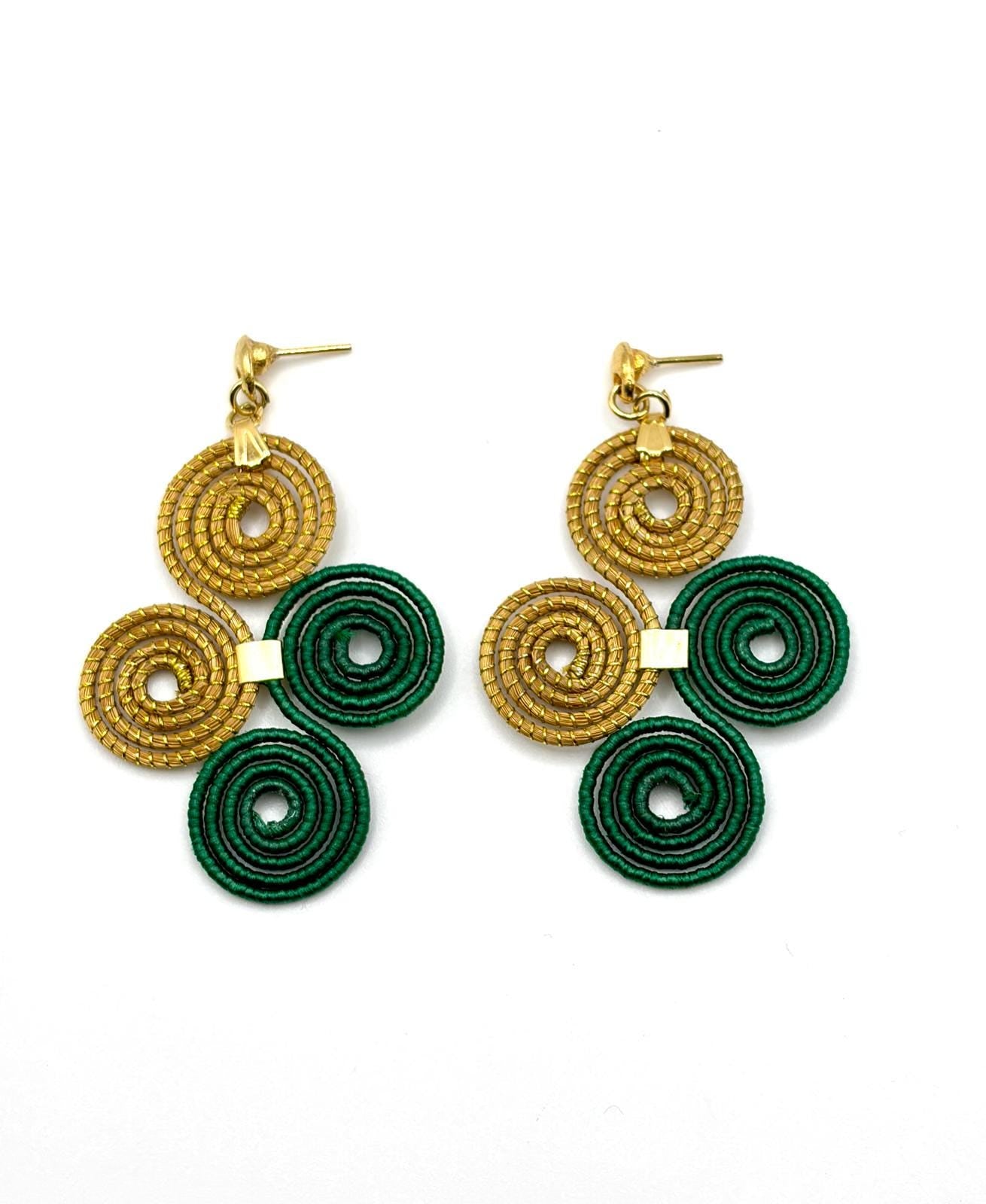 Green and Gold Spiral Golden Grass Earrings  Handmade Brazilian Jewelry