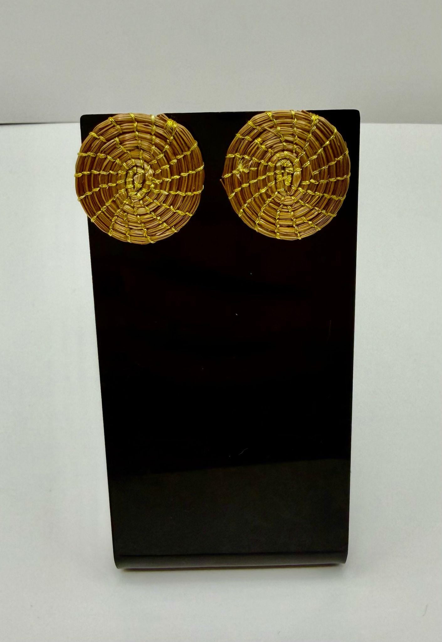 Small Round Golden Grass Stud Earrings | Minimalist Handmade Earrings
